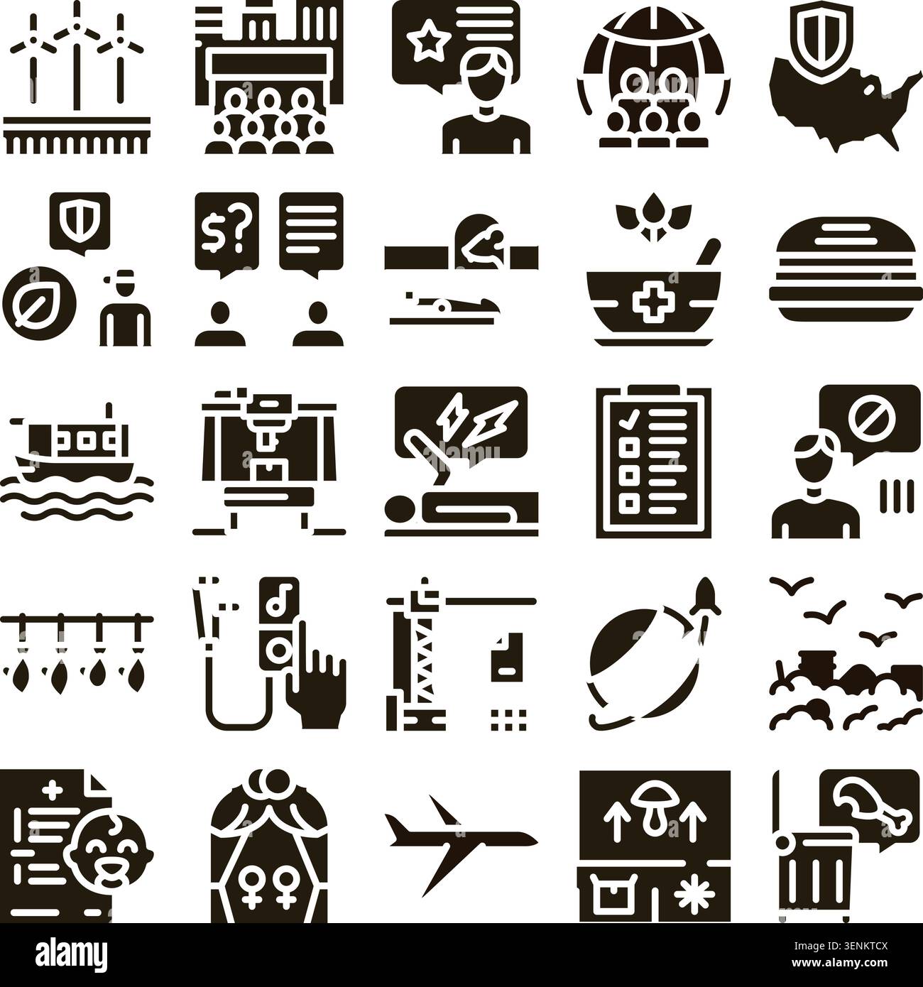 Collection of glyph icons illustrating various global concerns, environmental challenges, health topics, technological advancements, and societal matt Stock Vector