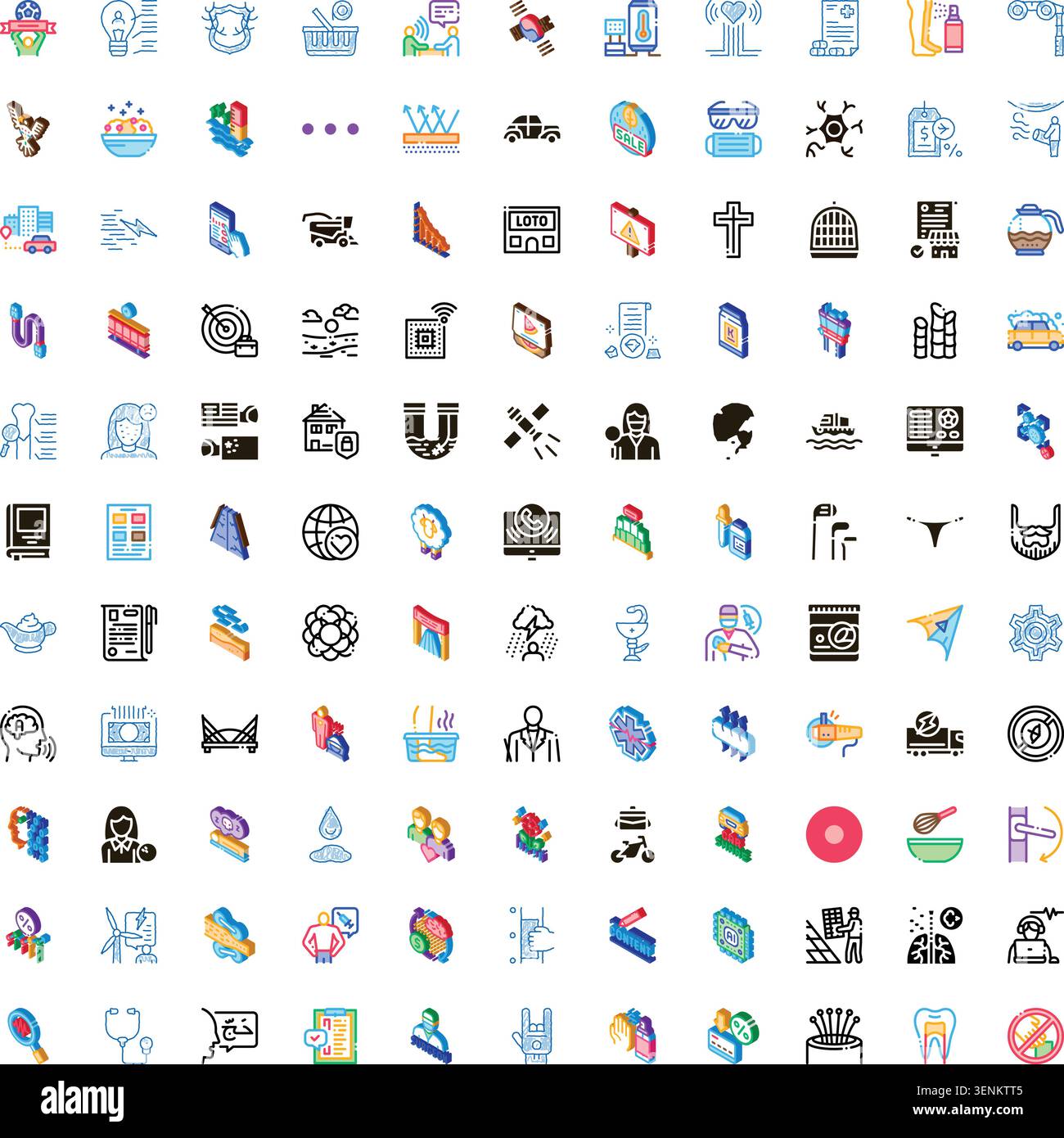 Set of diverse vector icons illustrating technology, communication, medicine, transportation, and other miscellaneous elements for digital application Stock Vector