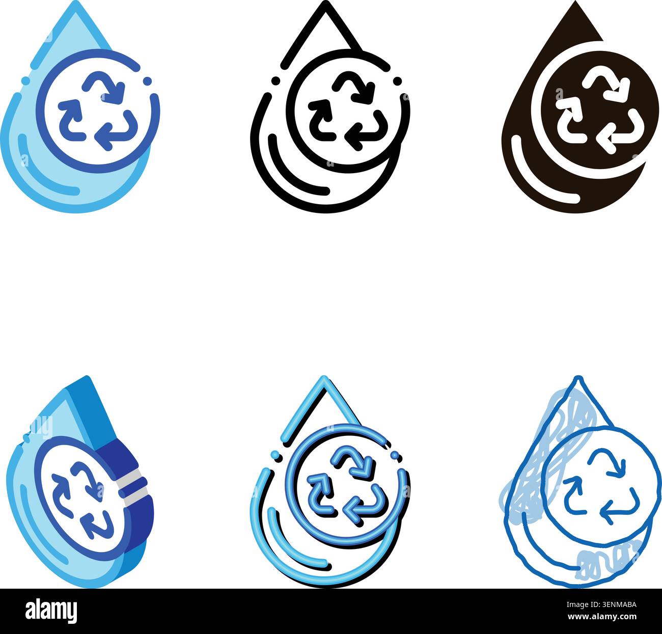 Water Drop And Recycling Mark Vector Sign Icon multistyle Thin Line. Water Drop, Filter Liquid Clearing Linear Pictogram. Recycling Environmental Ecos Stock Vector