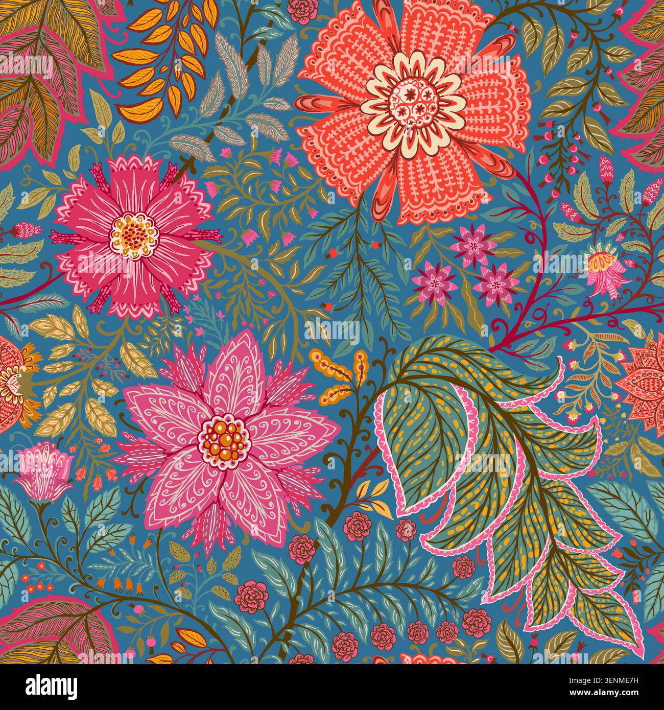 Blue Indian Chintz Floral Ornamental Pattern Stock Vector