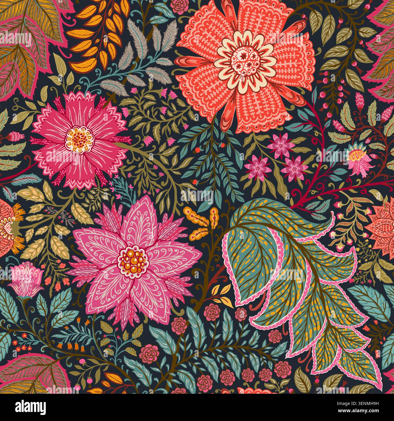 Dark Indian Chintz Floral Ornamental Pattern Stock Vector