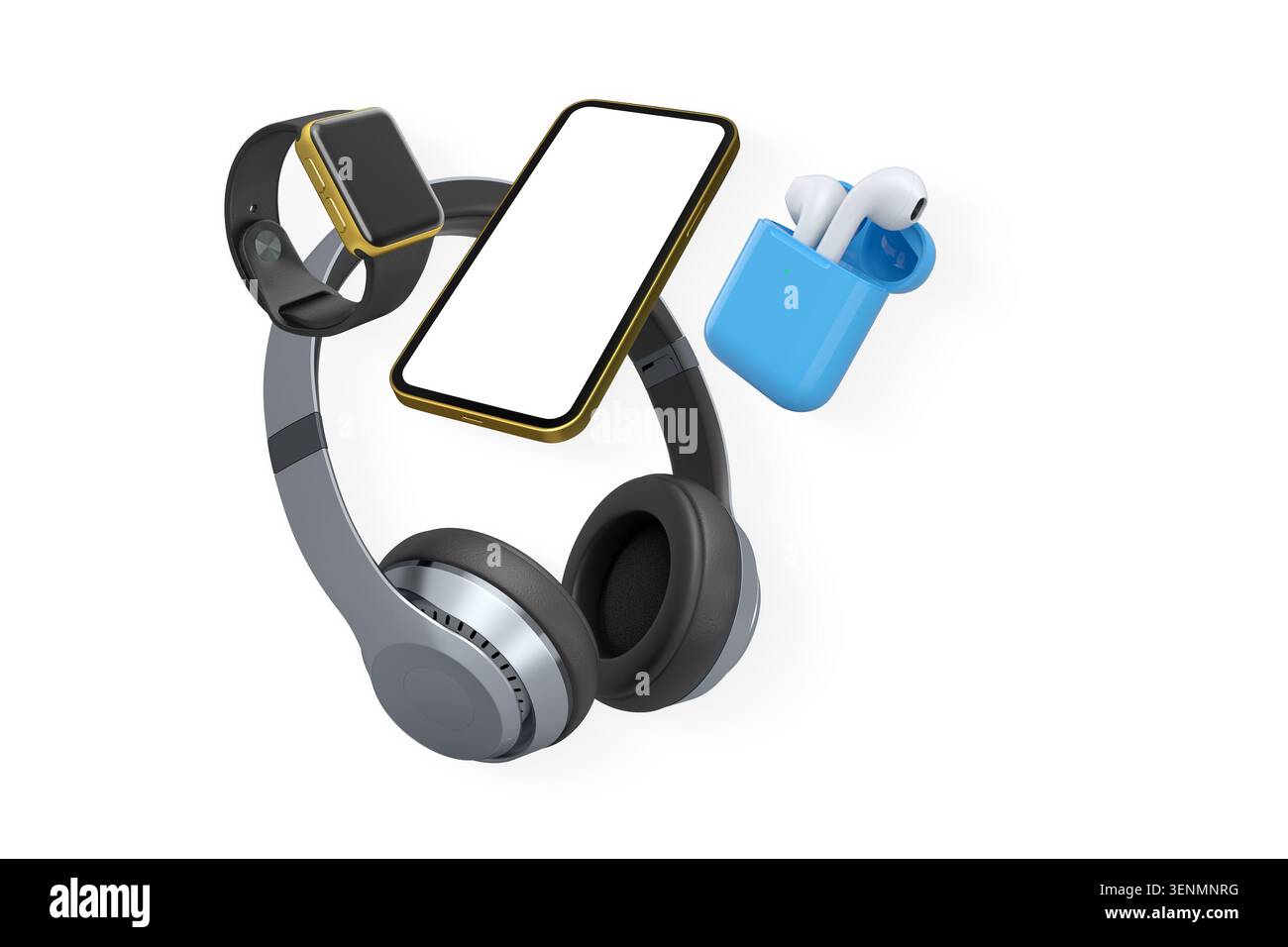 Floating smartphone headphones watch and earbuds isolated on white background as a modern tech concept. Stock Photo