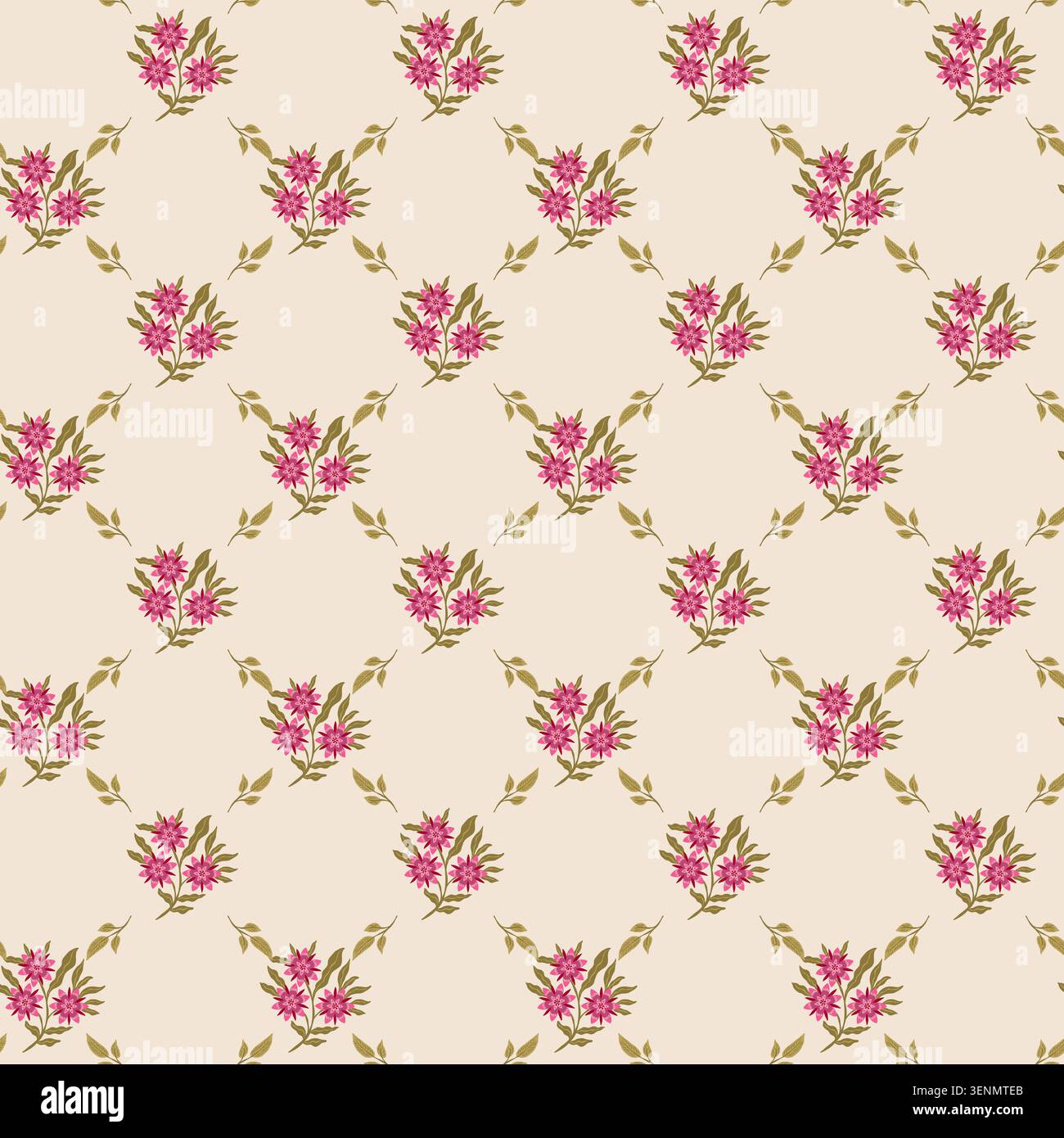 Pink Flower Diamond Trellis Grid Pattern Stock Vector