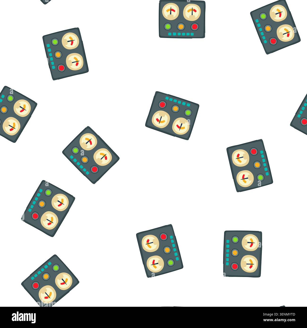 pattern analog retro control panel cartoon. knobs dials, switches levers, meters buttons analog retro control panel sign. seamless symbol vector illus Stock Vector