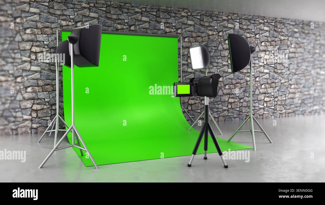 Studio setup with green screen, camera and studio lights. 3D illustration. Stock Photo