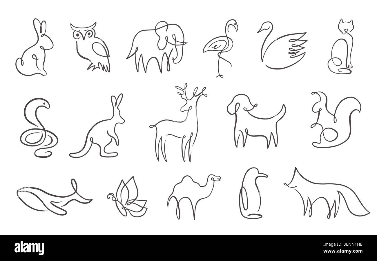 One line drawing animal vector illustrations set Stock Vector