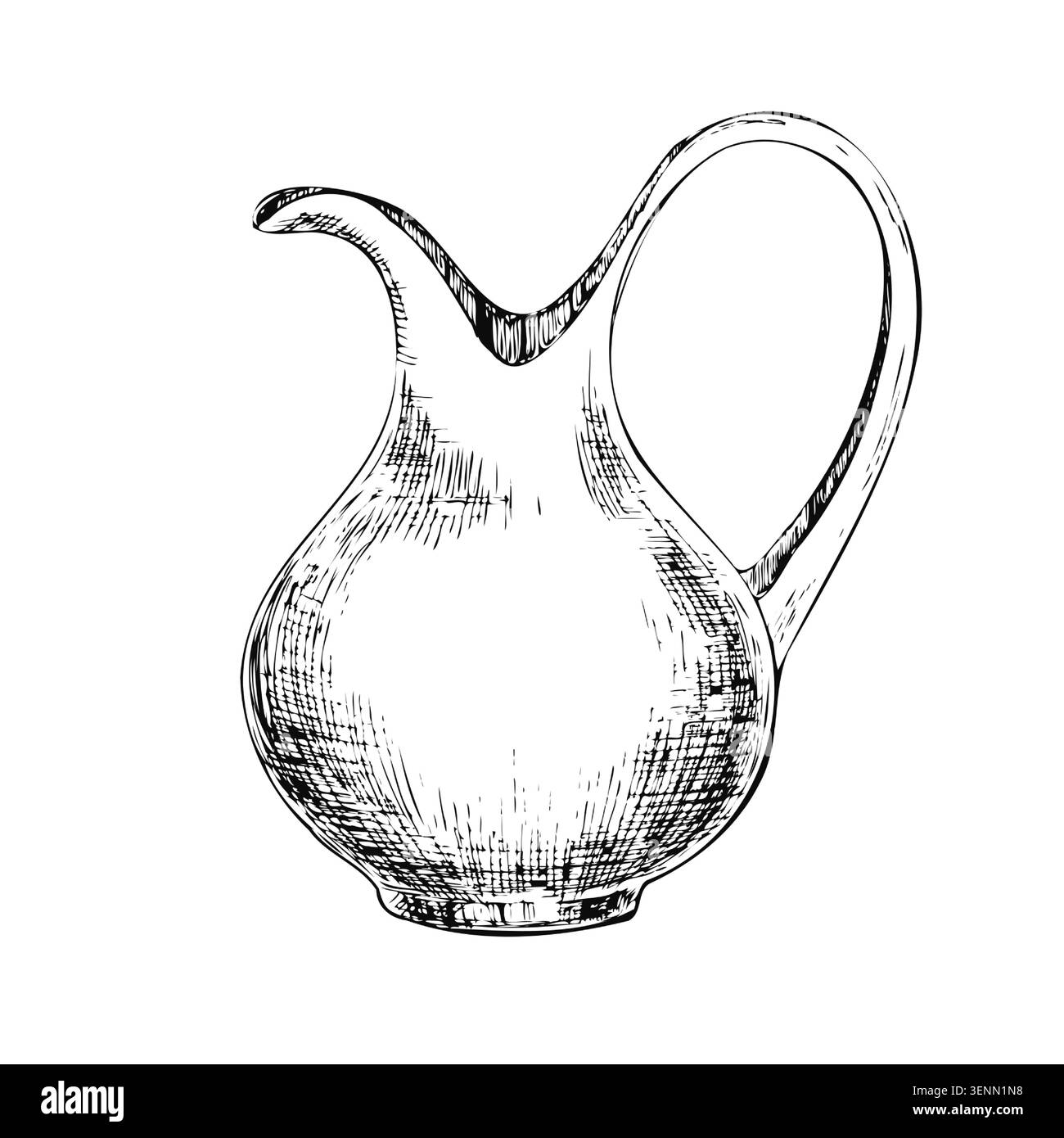 Clay jug ink sketch vector isolated illustration. Hand drawn monochrome outline ceramic pitcher with handle for Mediterranean wine menu, organic olive Stock Vector