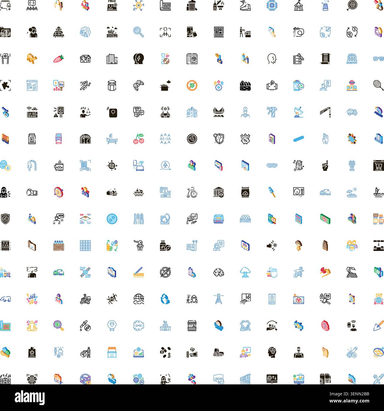 Large collection of diverse flat and isometric icons, symbolizing technology, business, communication, and various universal user interface elements f Stock Vector
