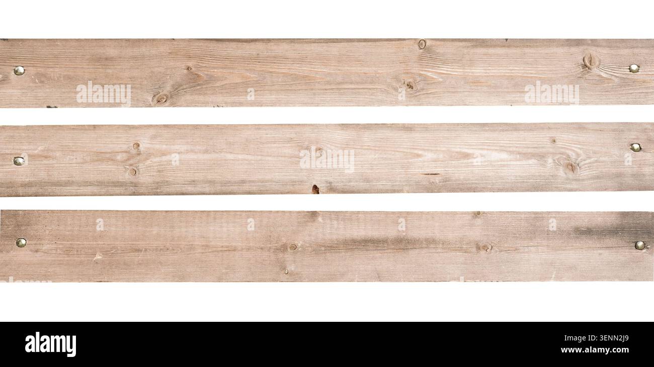 Three horizontal light wooden planks isolated on white background. Stock Photo