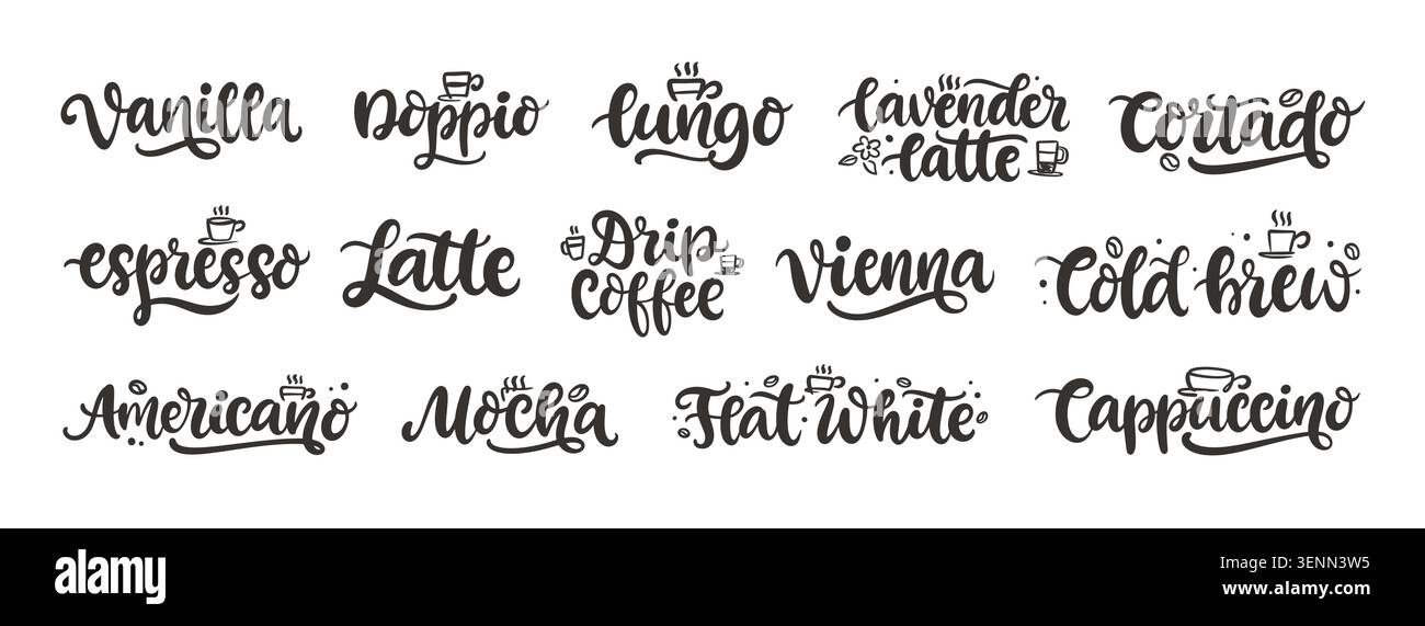 Coffee options hand lettering set calligraphy Stock Vector