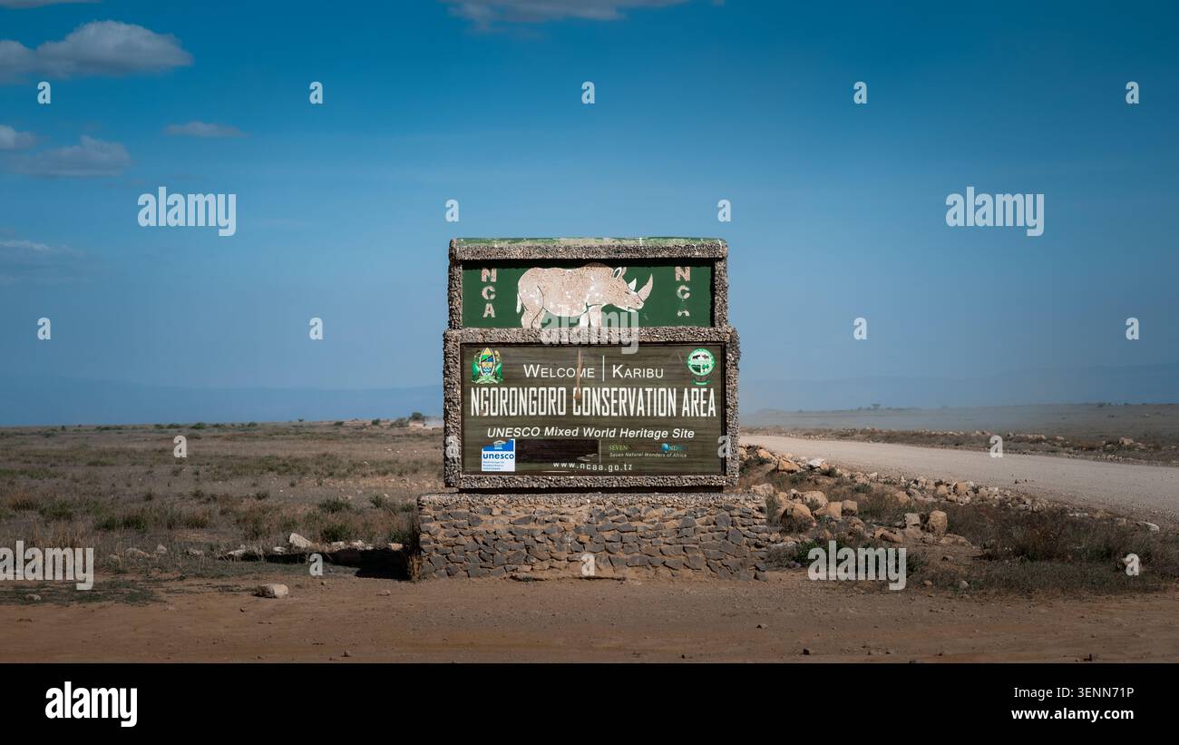 Entrance sign of the Ngorongoro Conservation Area UNESCO World Heritage Site, Tanzania, Africa. October 2024. Stock Photo