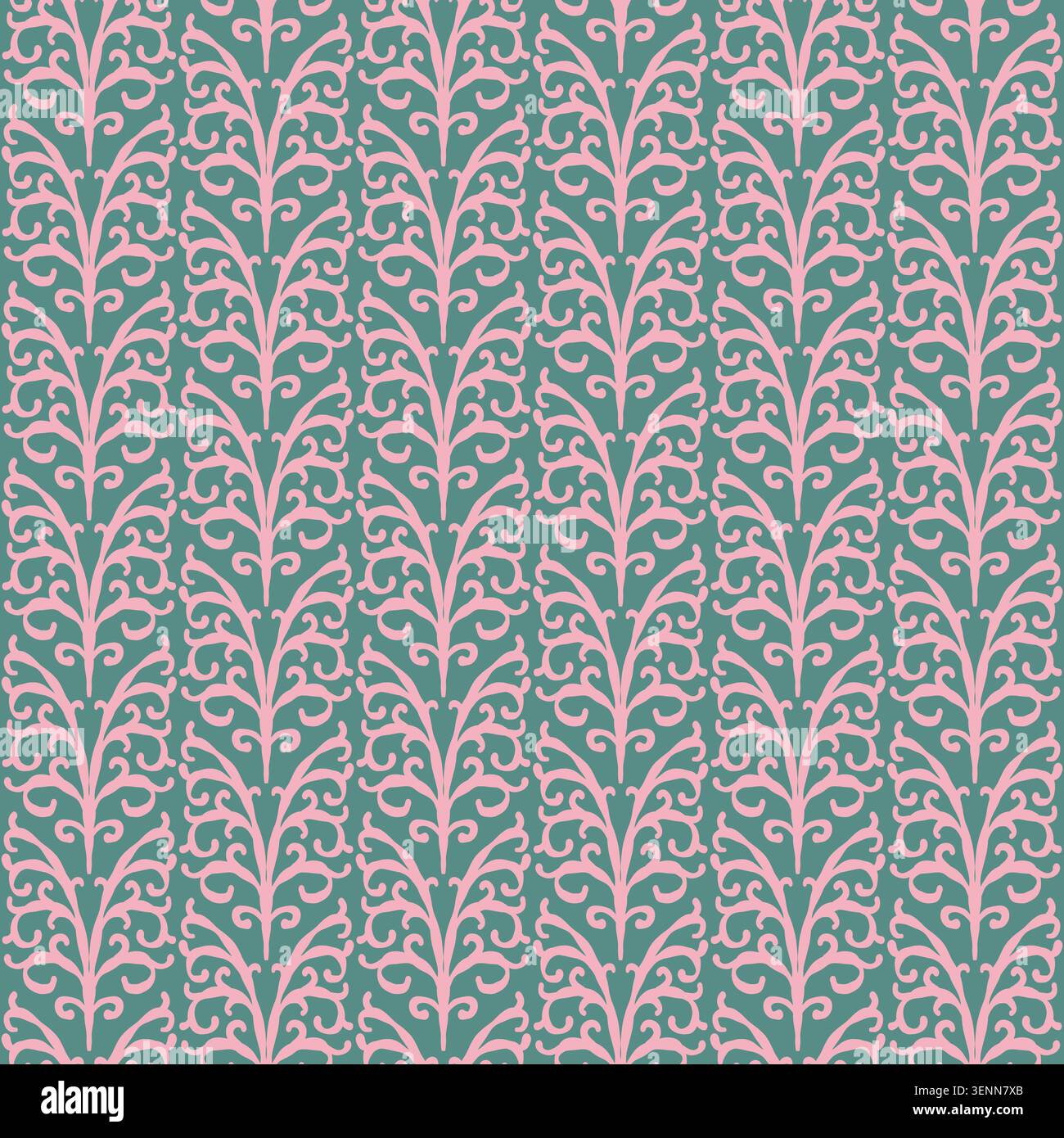 Pink Teal Vertical Scroll Foliage Pattern Stock Vector