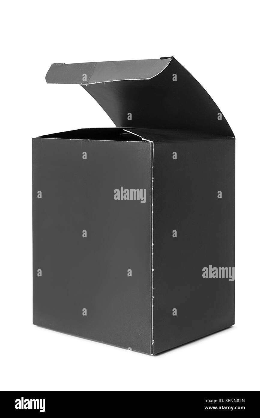 Opened black blank paper packaging box isolated on white background Stock Photo