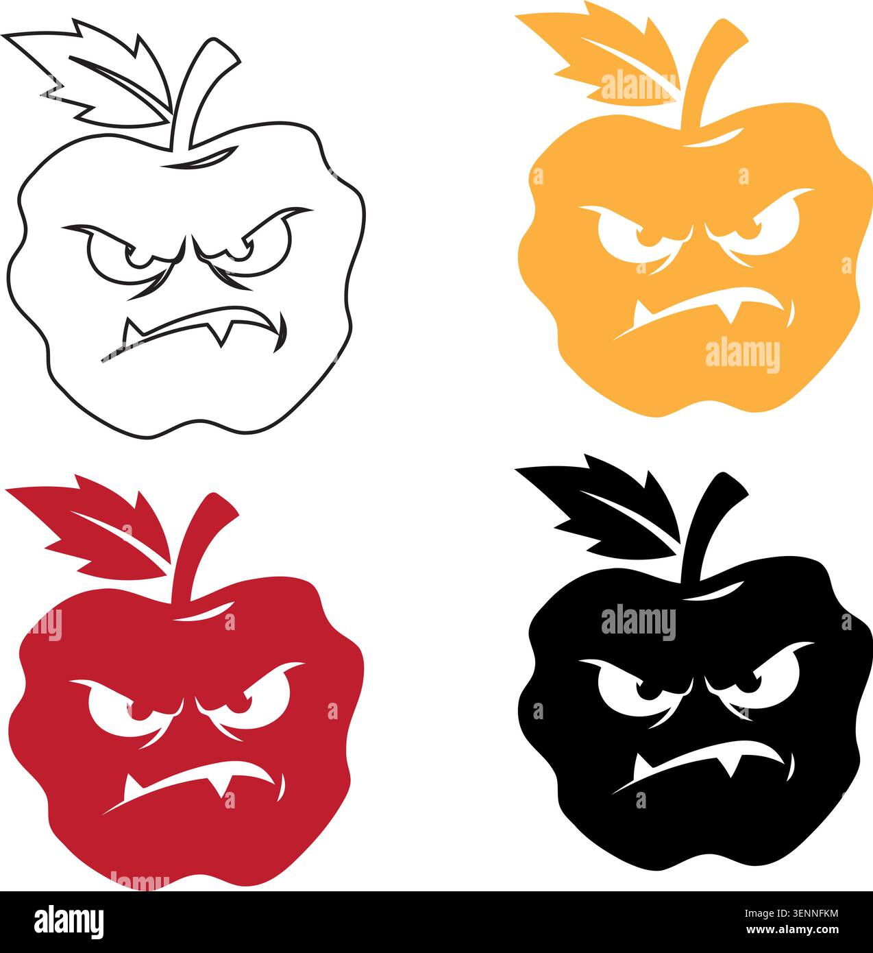 Angry evil apple character set line art vector illustration Stock ...
