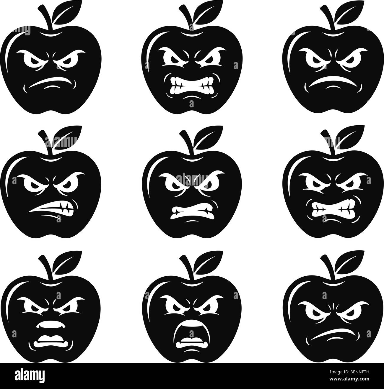 Fierce evil apple emoticons set silhouette vector illustration Stock Vector