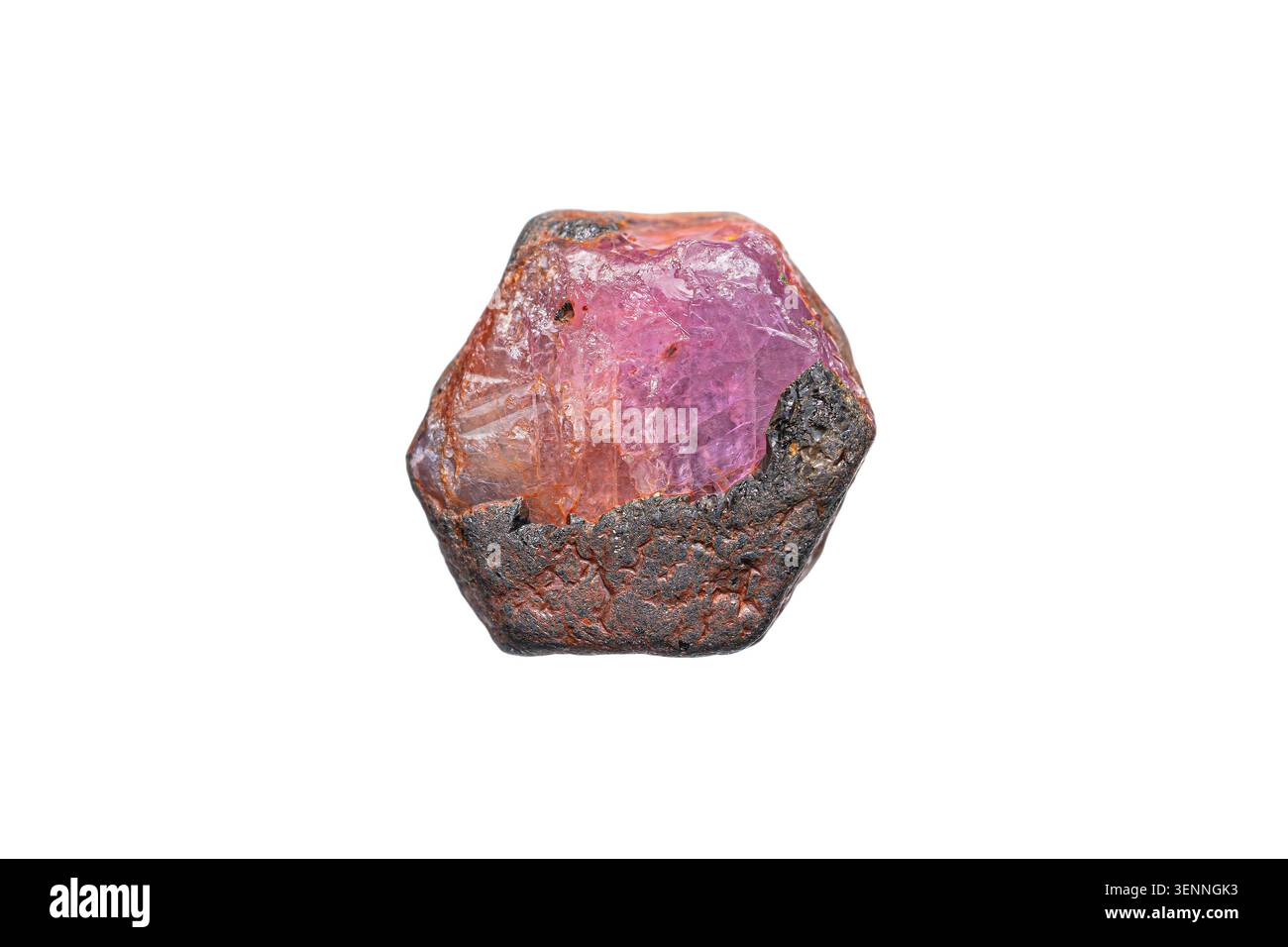 Closeup natural rough ruby in pargasite gemstone on white background Stock Photo
