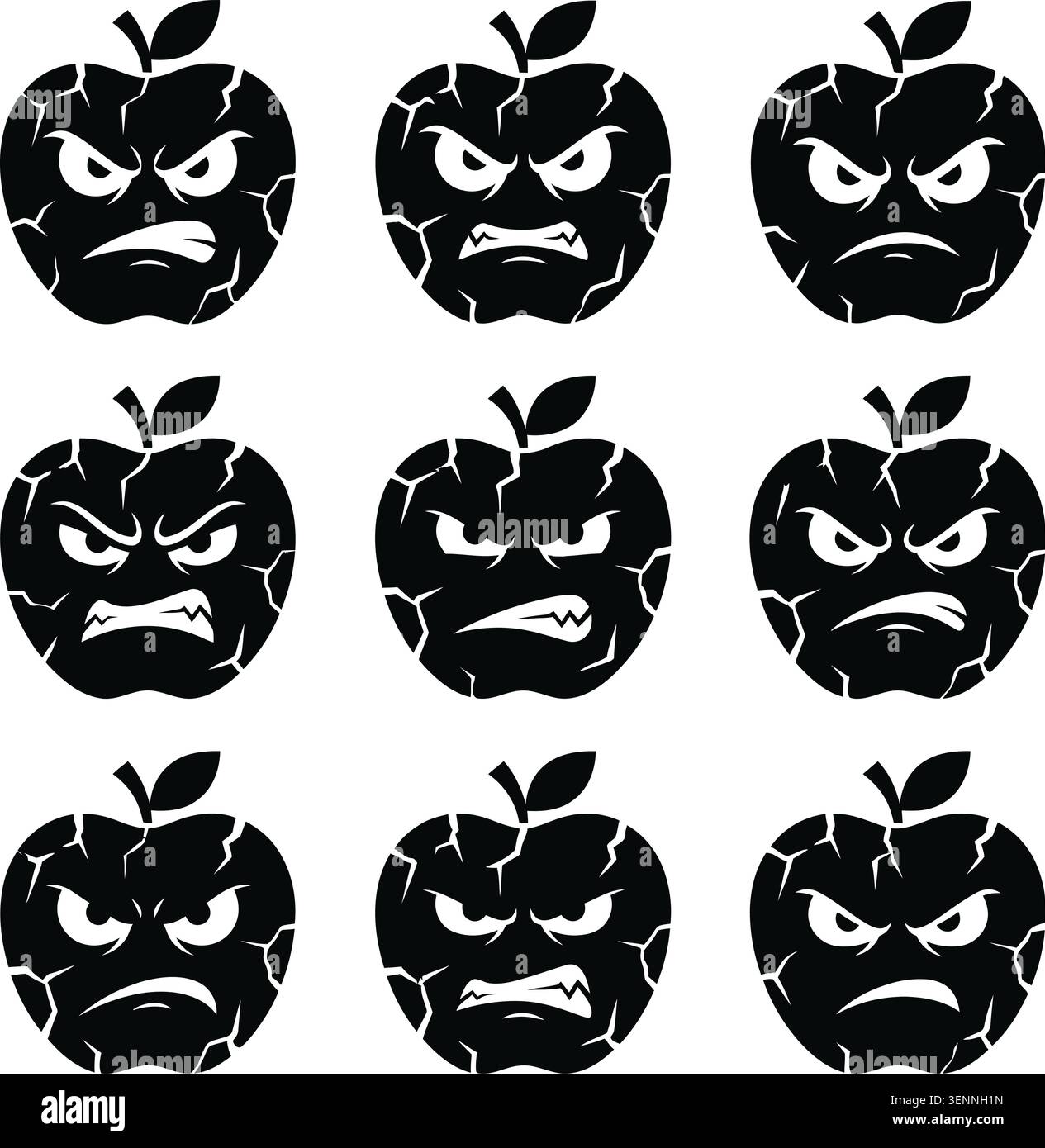 Cracked angry apple avatars set silhouette vector illustration Stock Vector