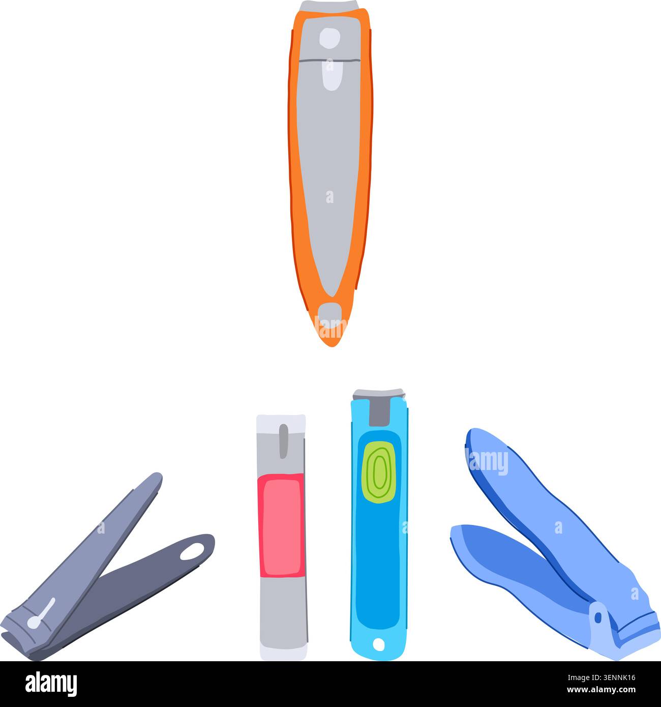 Various grooming implements including modern nail clippers and a nail file arranged on a clean white background, representing personal care and hygien Stock Vector