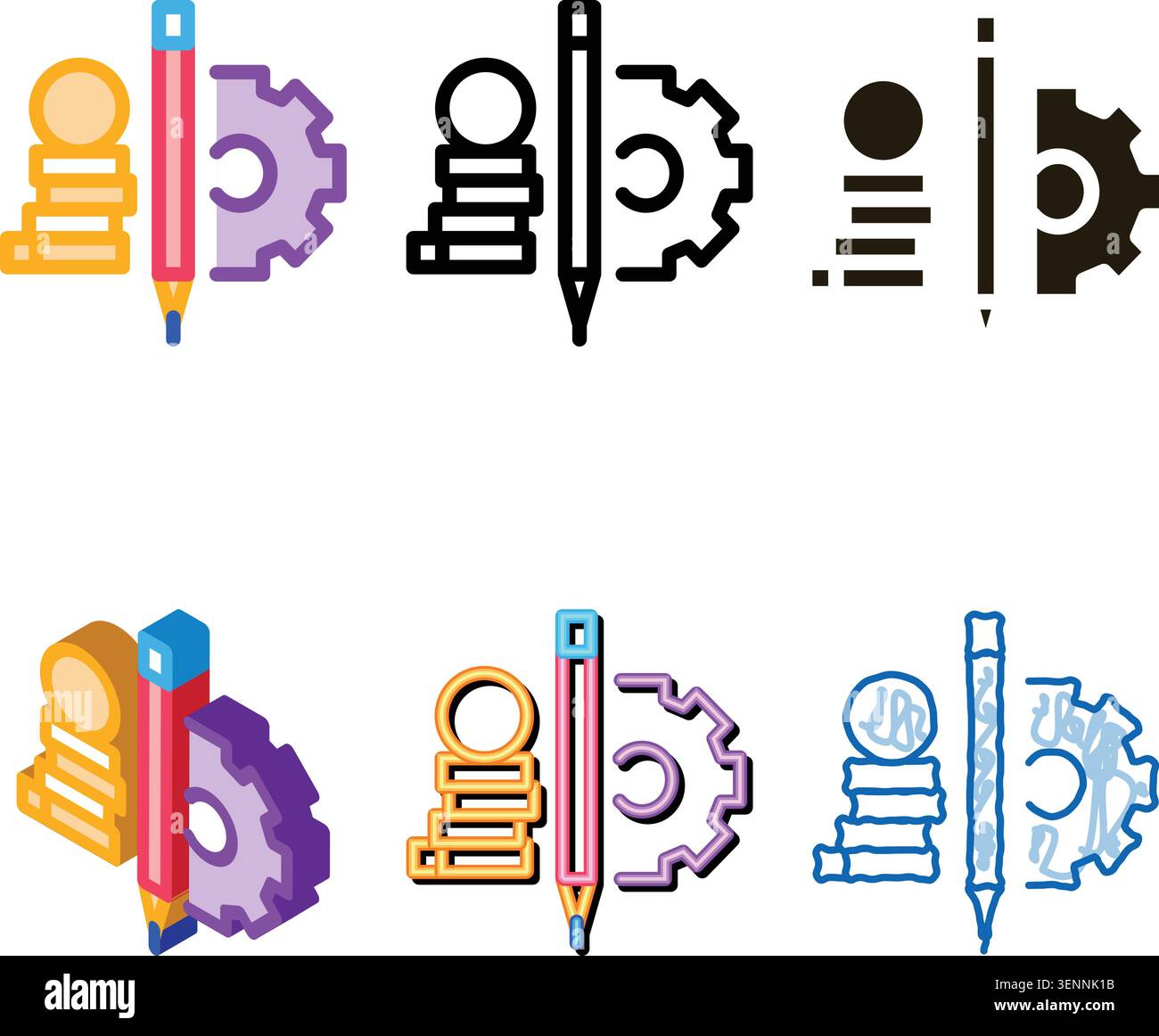 coin heap pen and mechanical gear icon vector. coin heap pen and styleset mechanical gear sign. color symbol Stock Vector