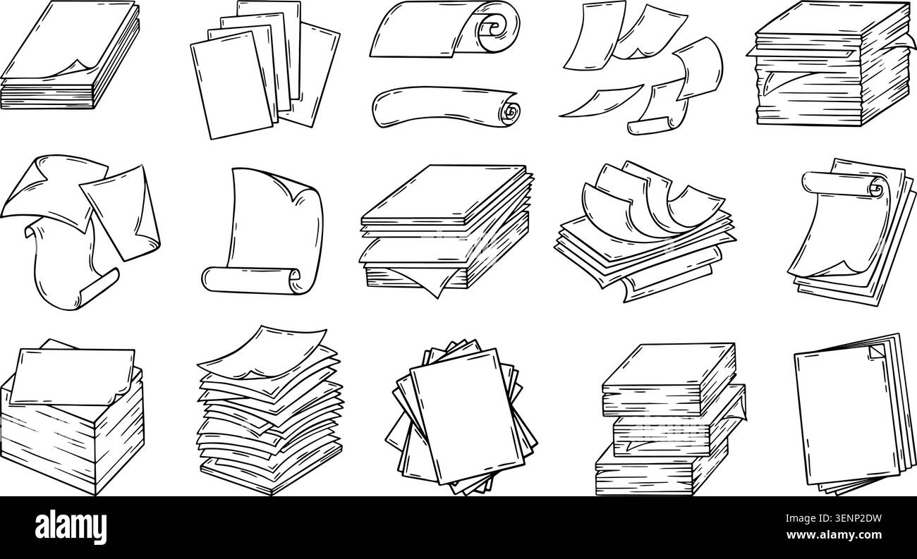 Doodle paper stacks. Clean papers, isolated hand drawn sheets in piles, flying. Management documents, office work, study elements, neoteric vector set Stock Vector