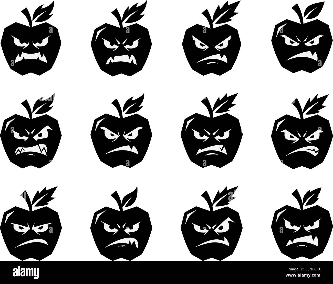 Furious sharp apple emoticons set silhouette vector illustration Stock Vector