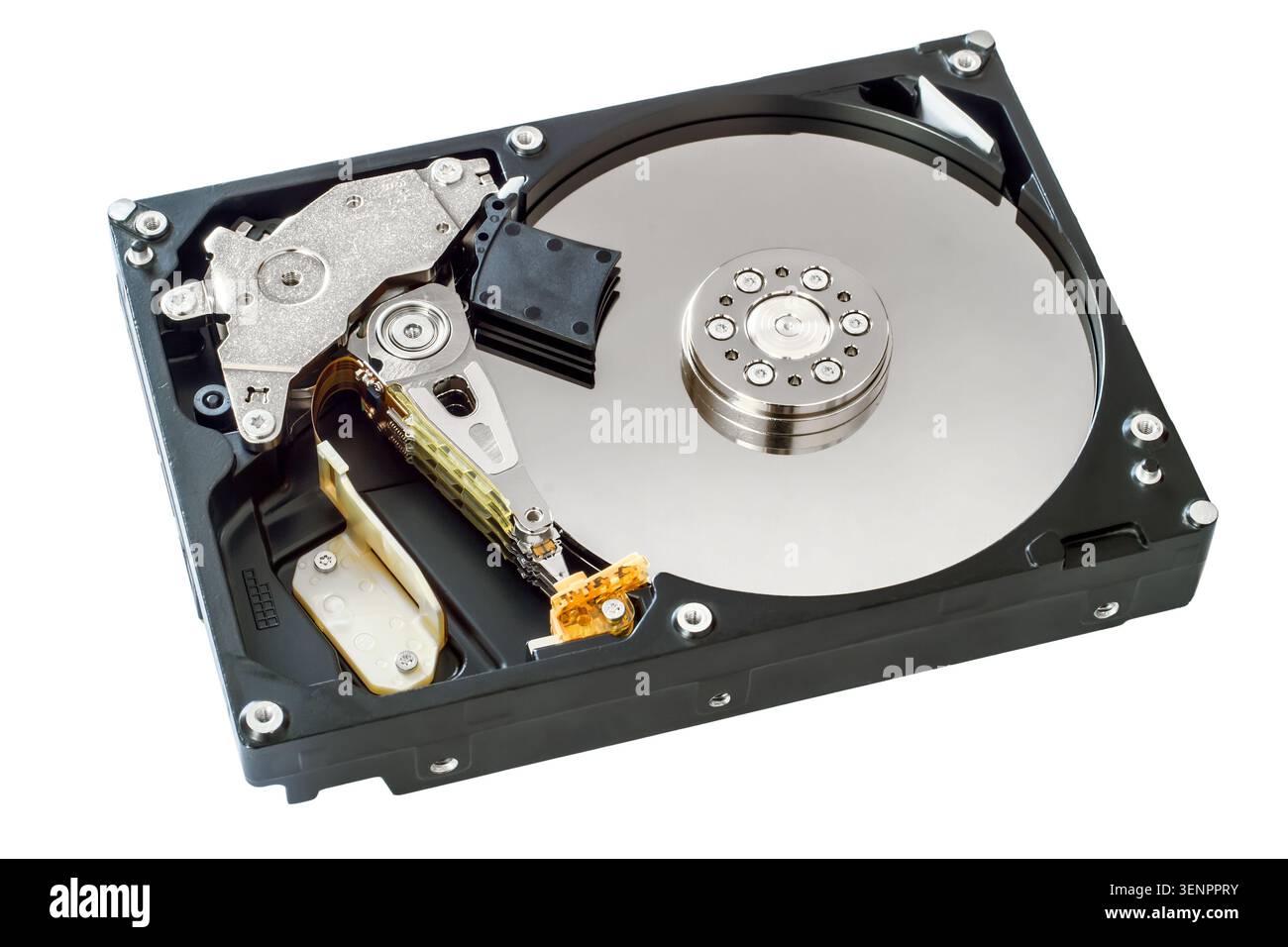 Opened computer hard drive isolated on white background. Hard drive close-up. Stock Photo