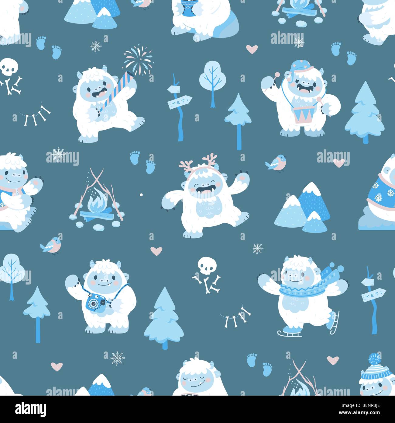Cartoon yeti seamless pattern. Winter print with funny bigfoot characters, fluffy joyful yeti. Childish style design for fabric, wrapping, nowaday Stock Vector