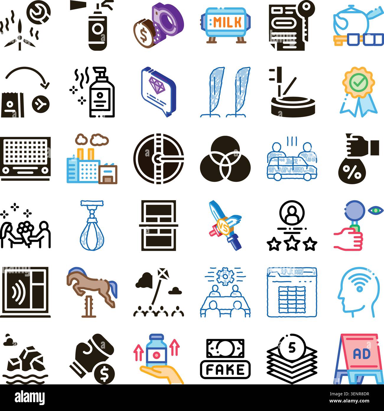 Set of various concept driven linear and glyph icons for business, industry, ecology, and lifestyle, depicting diverse processes, objects, and abstrac Stock Vector
