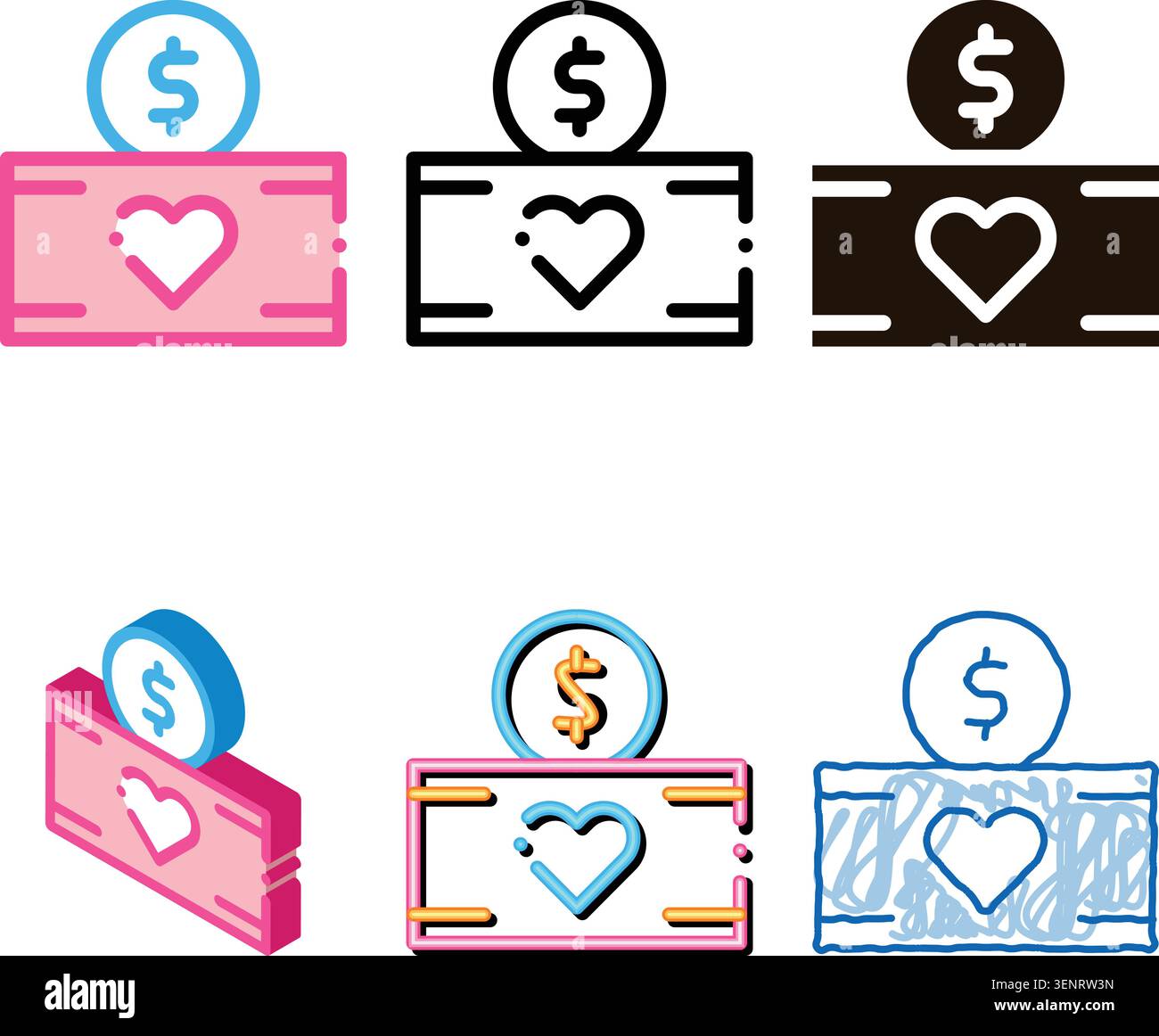 Volunteers Support Thing Box Vector Thin Line Icon. Volunteers Support, Help Charitable Organizations, Heart Package With Coin Dollar Financial Patron Stock Vector