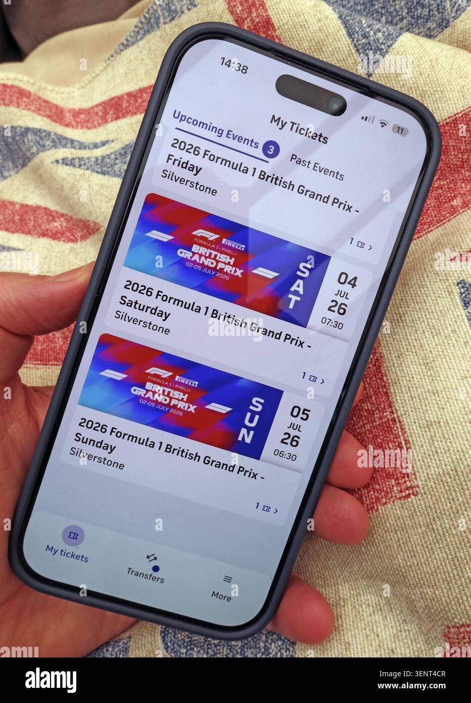Valid 2026 British Grand Prix mobile tickets shown in the Silverstone app, highlighting authorised access and online resale risks of ticket touts Stock Photo