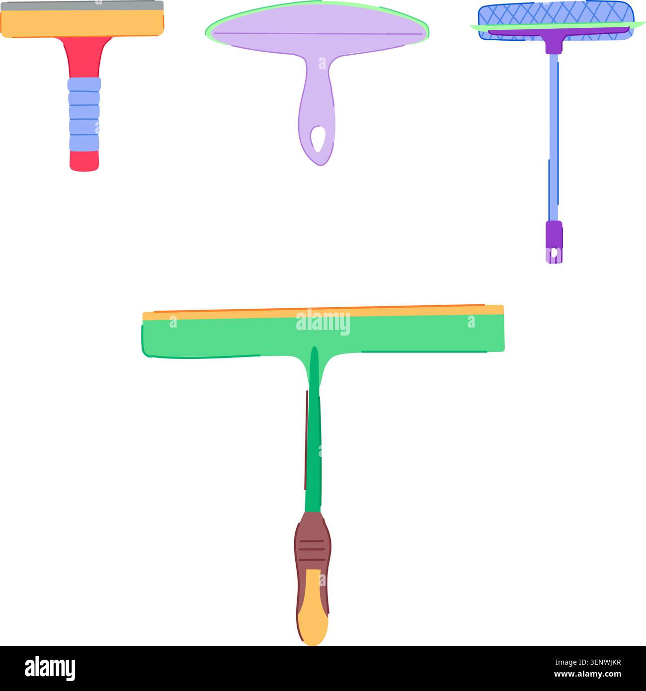 Various colorful cleaning squeegees for different surfaces, featuring ergonomic designs and rubber blades, essential tools for maintaining hygiene and Stock Vector
