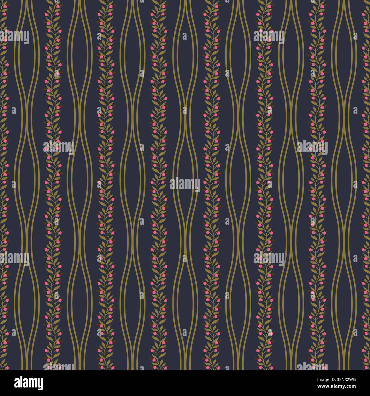 Navy Botanical Berry Vine Pattern Stock Vector