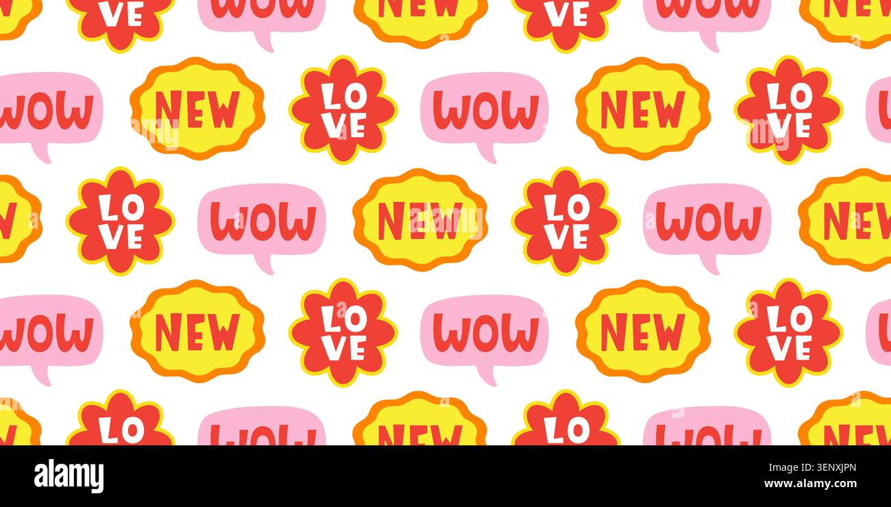 Colorful vector seamless pattern with word sticker Stock Vector