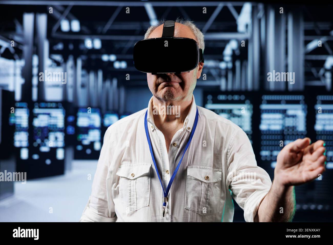 Senior developer immersed in virtual reality at data center, doing hardware maintenance, with professional using VR headset to optimize server rows system performance, harnessing advanced technology. Stock Photo