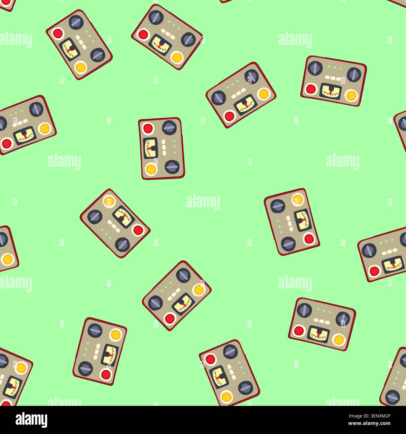 pattern meters retro control panel cartoon. buttons lights, indicators toggles, sliders rotary meters retro control panel sign. seamless vector illust Stock Vector