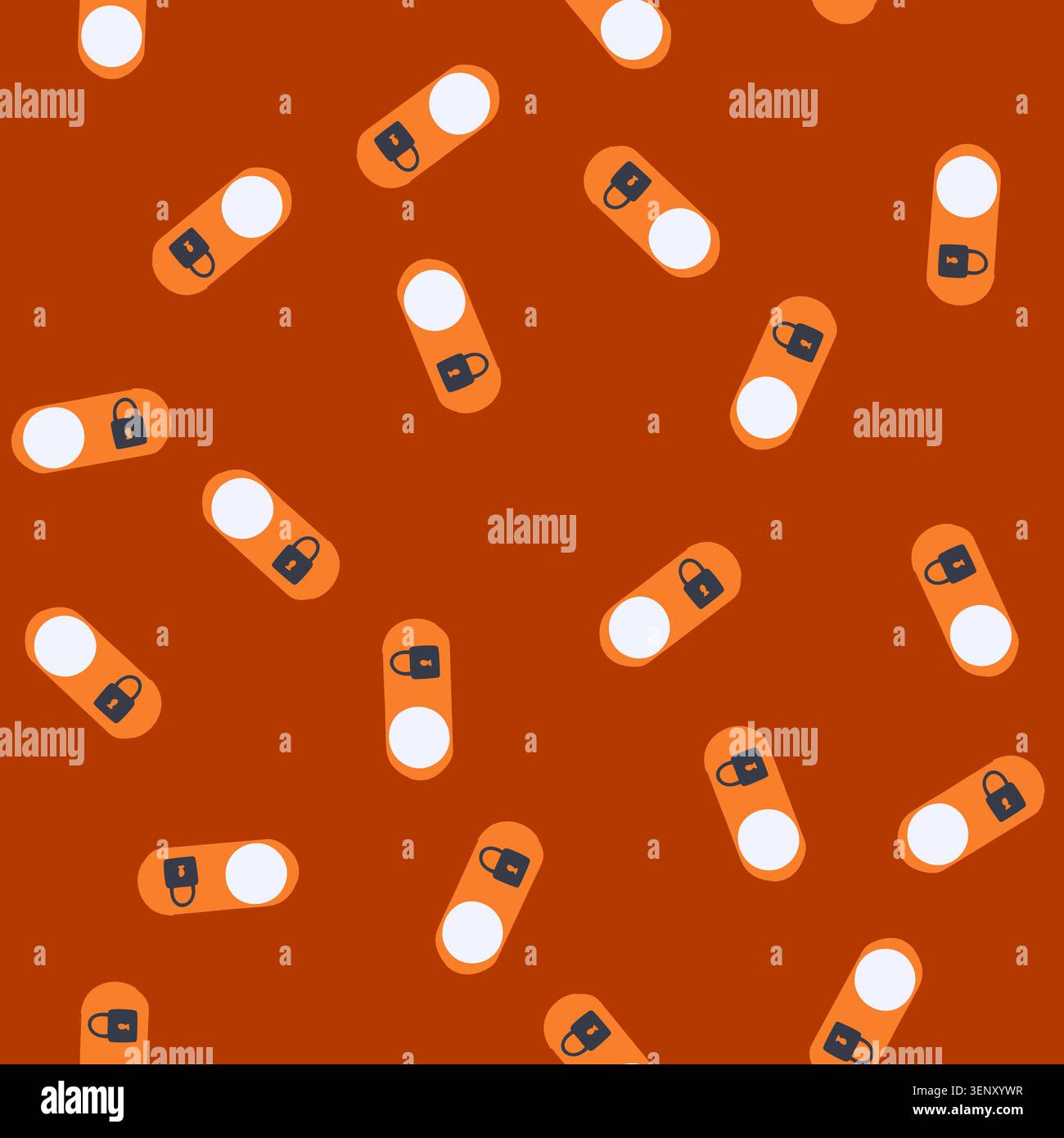 pattern user interface element depicting a secured padlock on an orange toggle switch, representing a locked state for privacy, security, and restrict Stock Vector