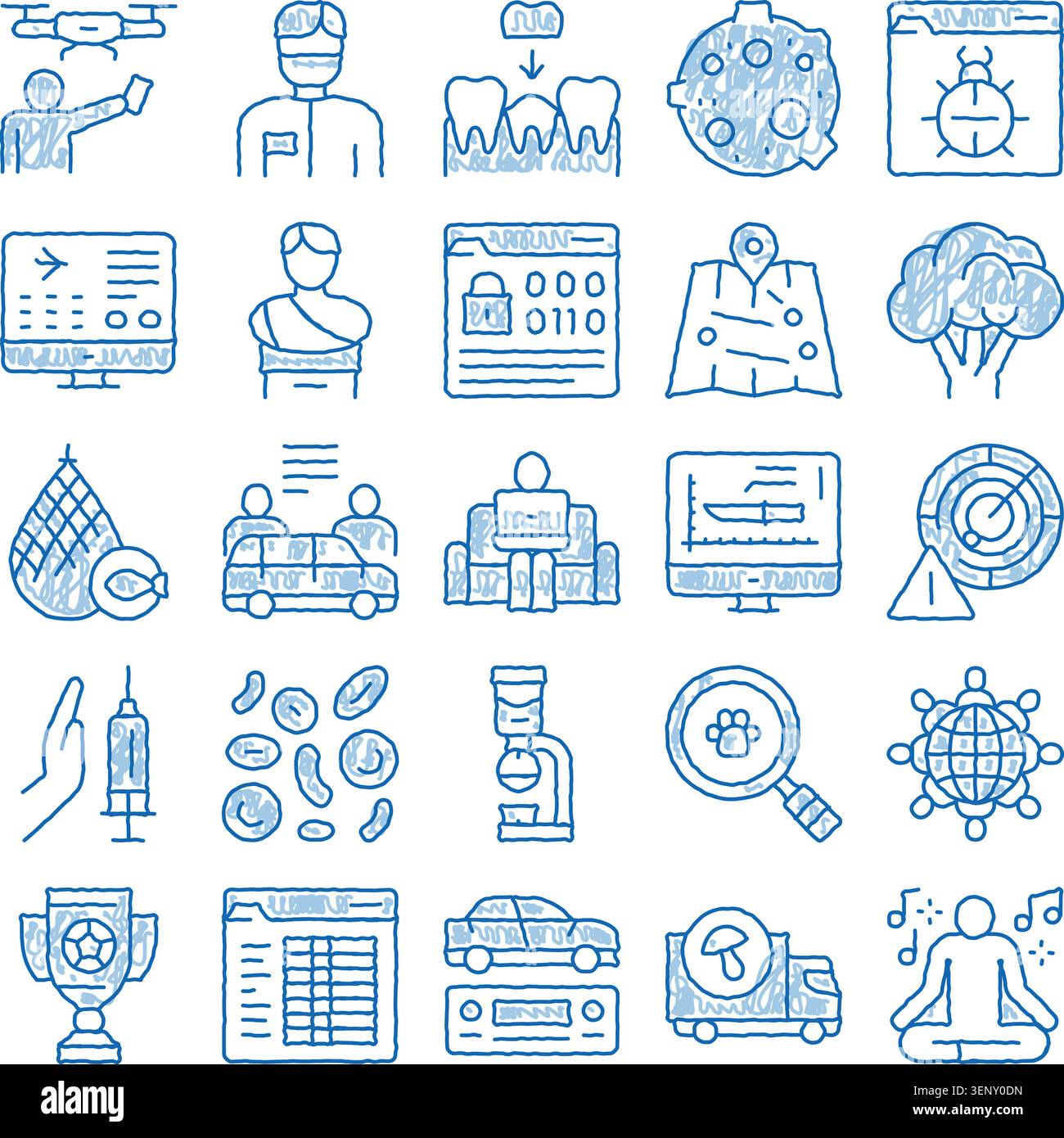 Hand drawn blue doodle style set featuring diverse icons representing business, science, health, technology, sport, transportation, weather, and gener Stock Vector