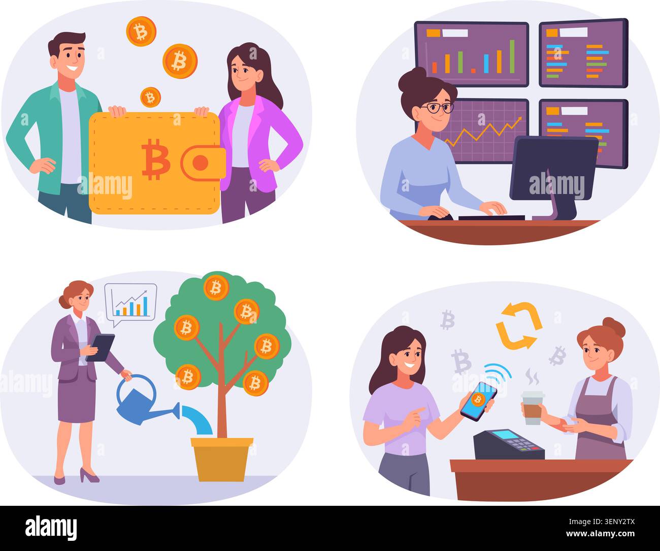 Crypto Mining. Business vector scenes with bitcoin mining laptops charts and crypto workers in modern exact illustration Stock Vector