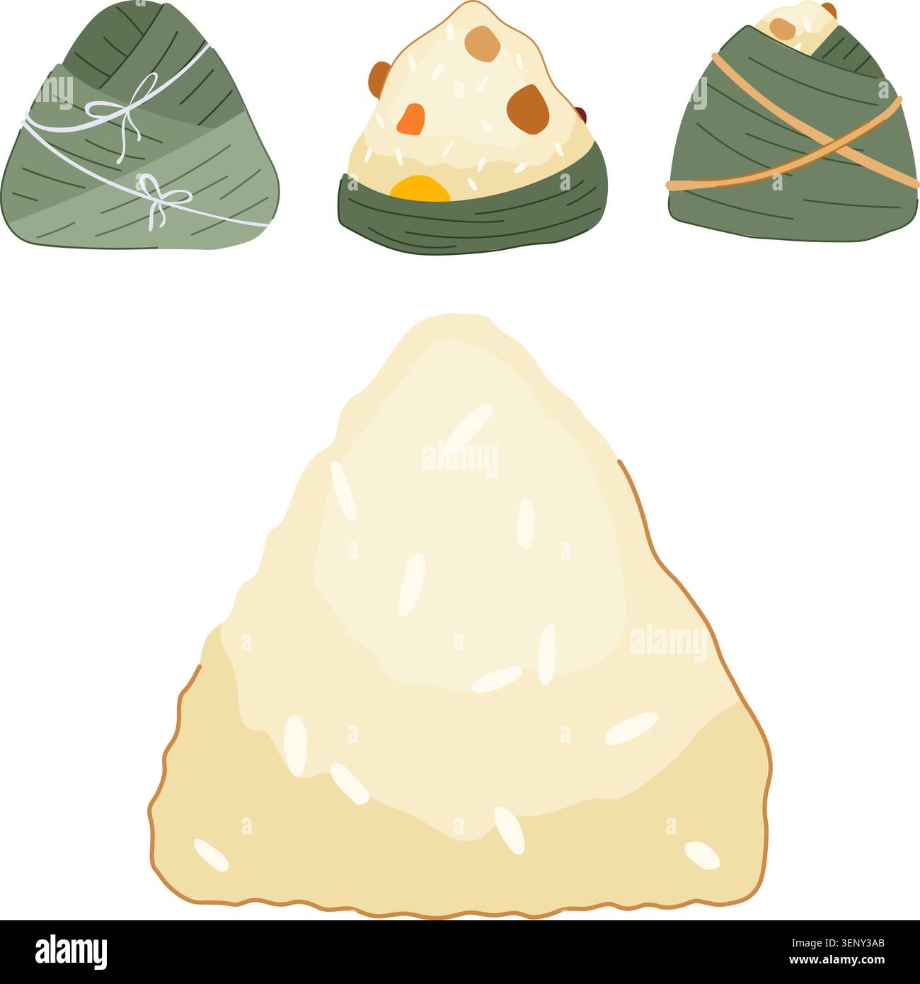 Three traditional rice dumplings in different variations featuring one unwrapped, exposing the sticky rice and flavorful ingredients, and two others w Stock Vector