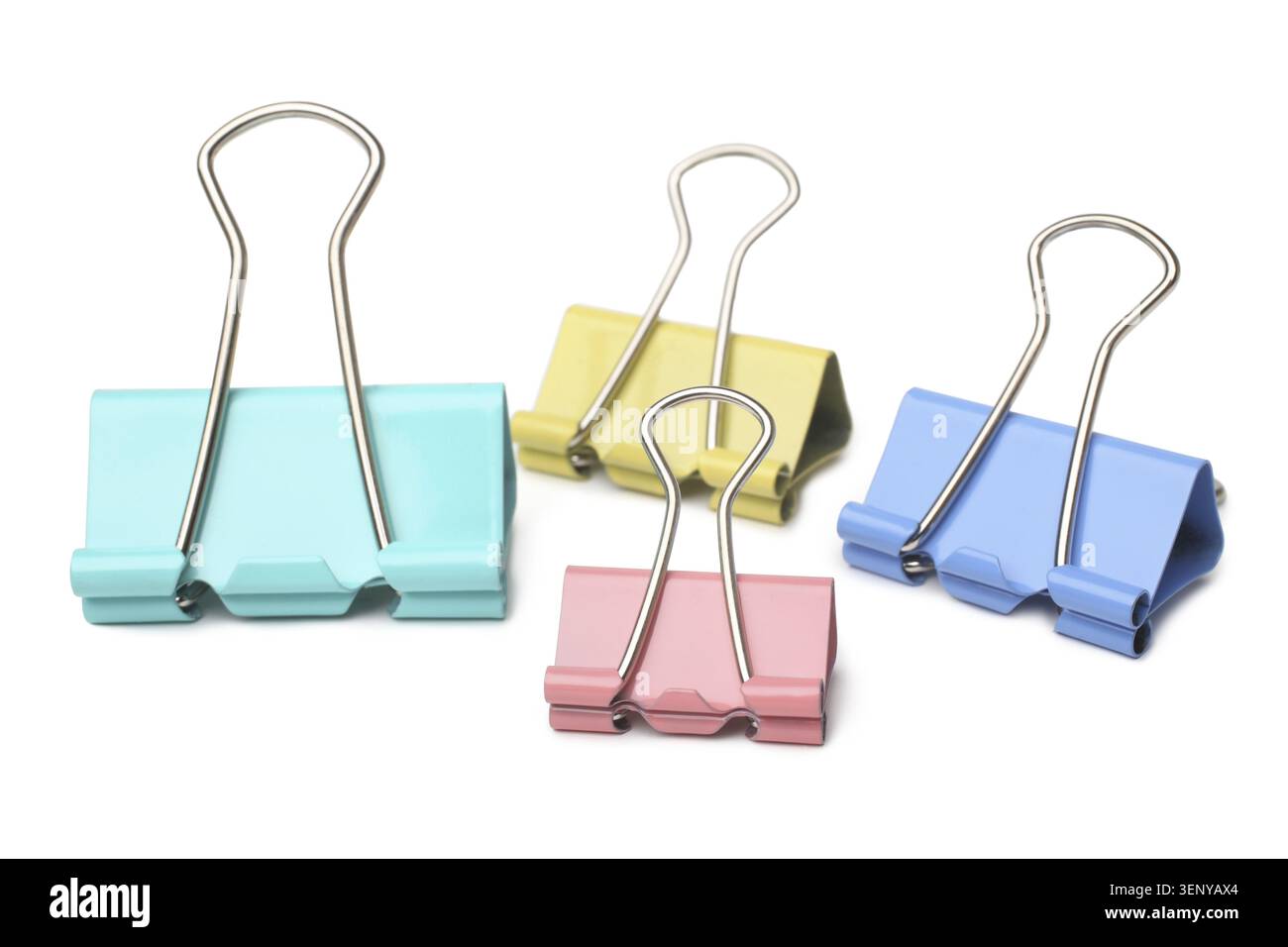 Multicolored paper clips on white background Stock Photo