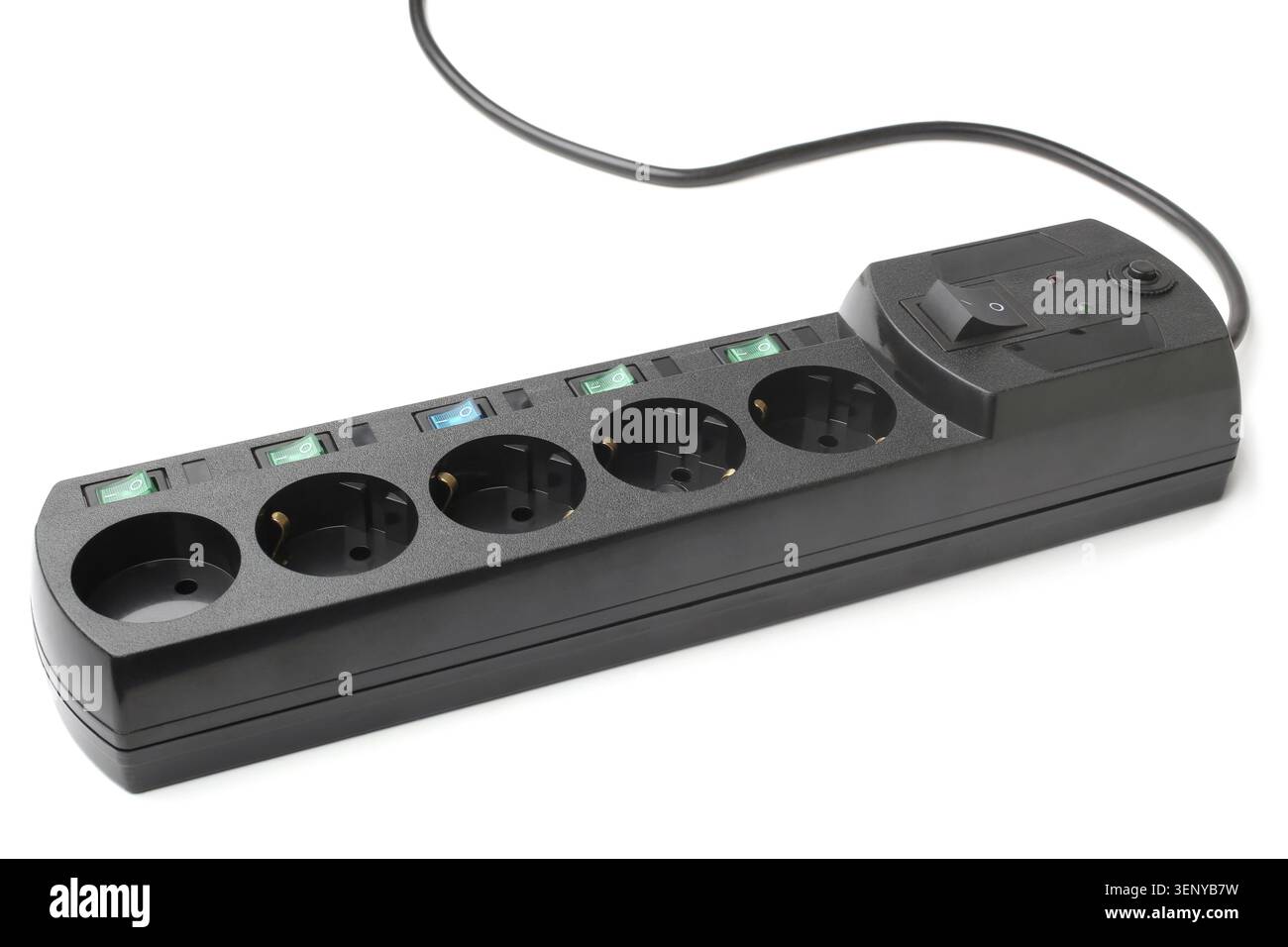 Power bar with built-in surge protector and multiple outlets on white background Stock Photo