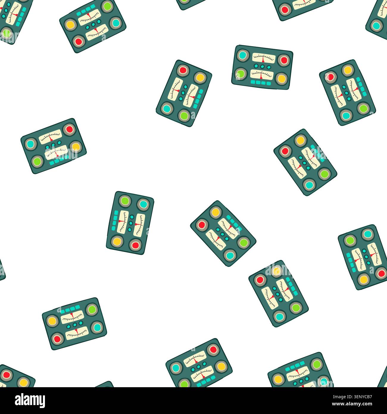 pattern knobs retro control panel cartoon. dials switches, levers meters, buttons lights knobs retro control panel sign. seamless symbol vector illust Stock Vector