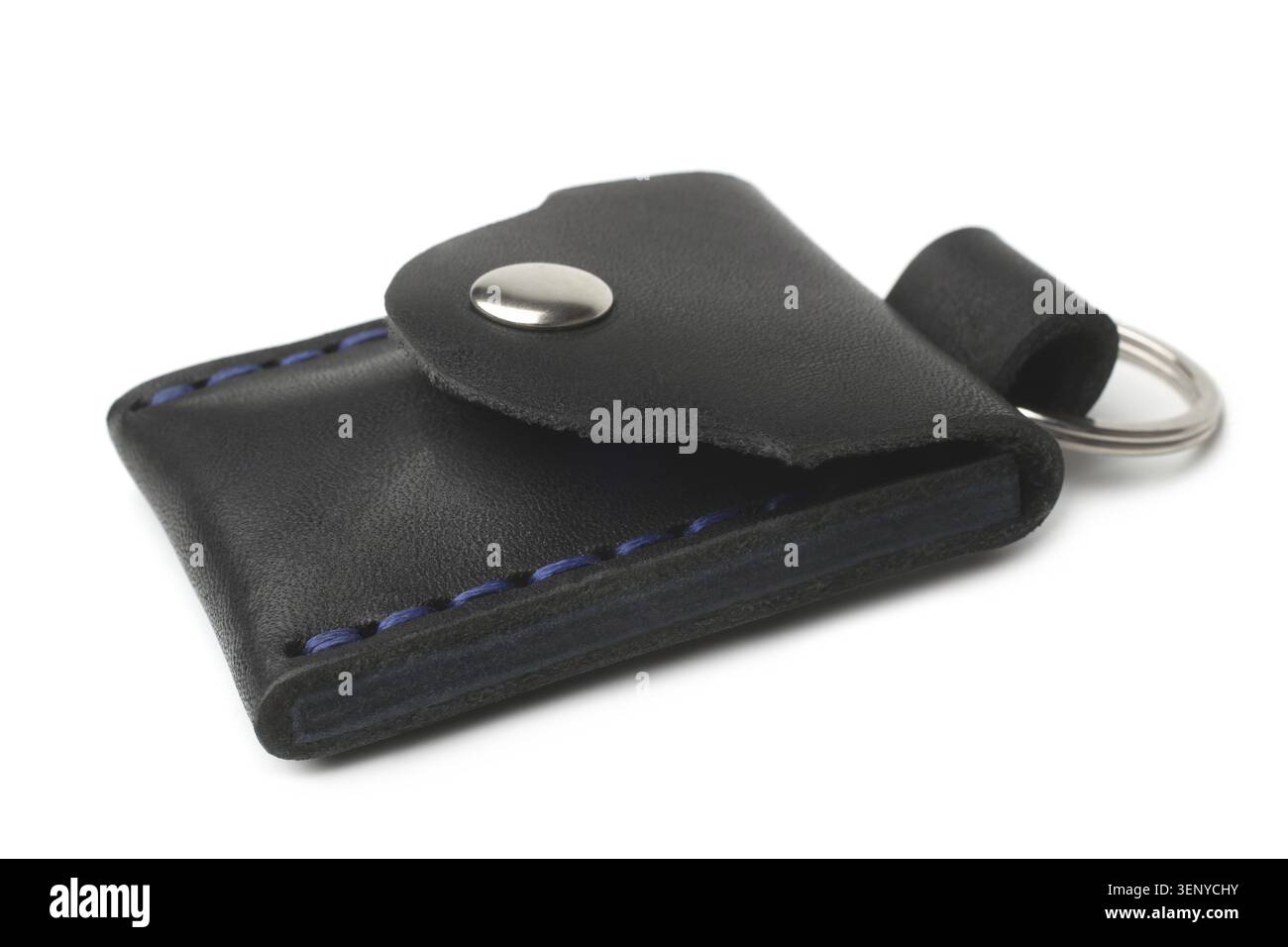 Keychain with leather case on white background Stock Photo