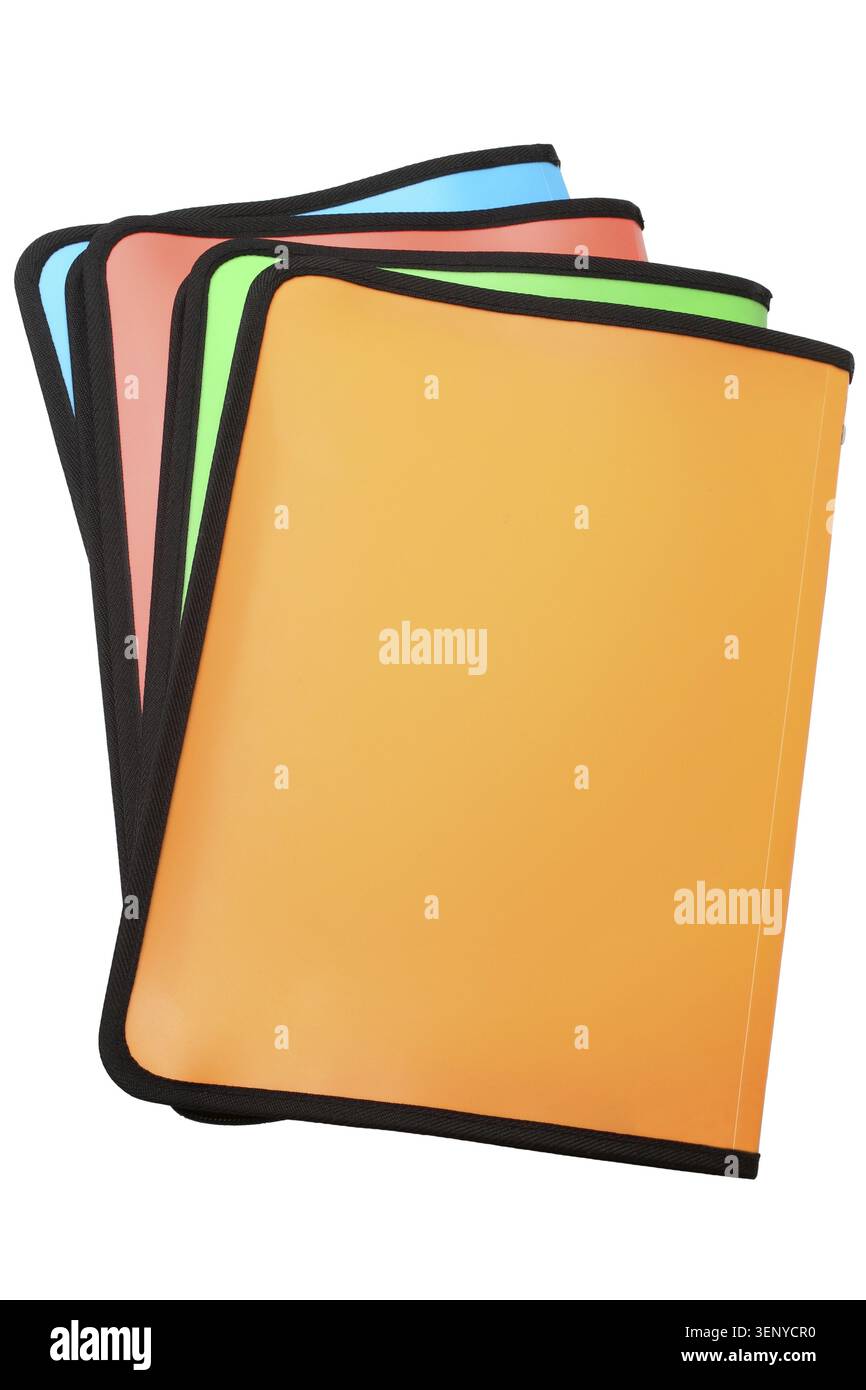 Bright colored plastic folders isolated on white background Stock Photo