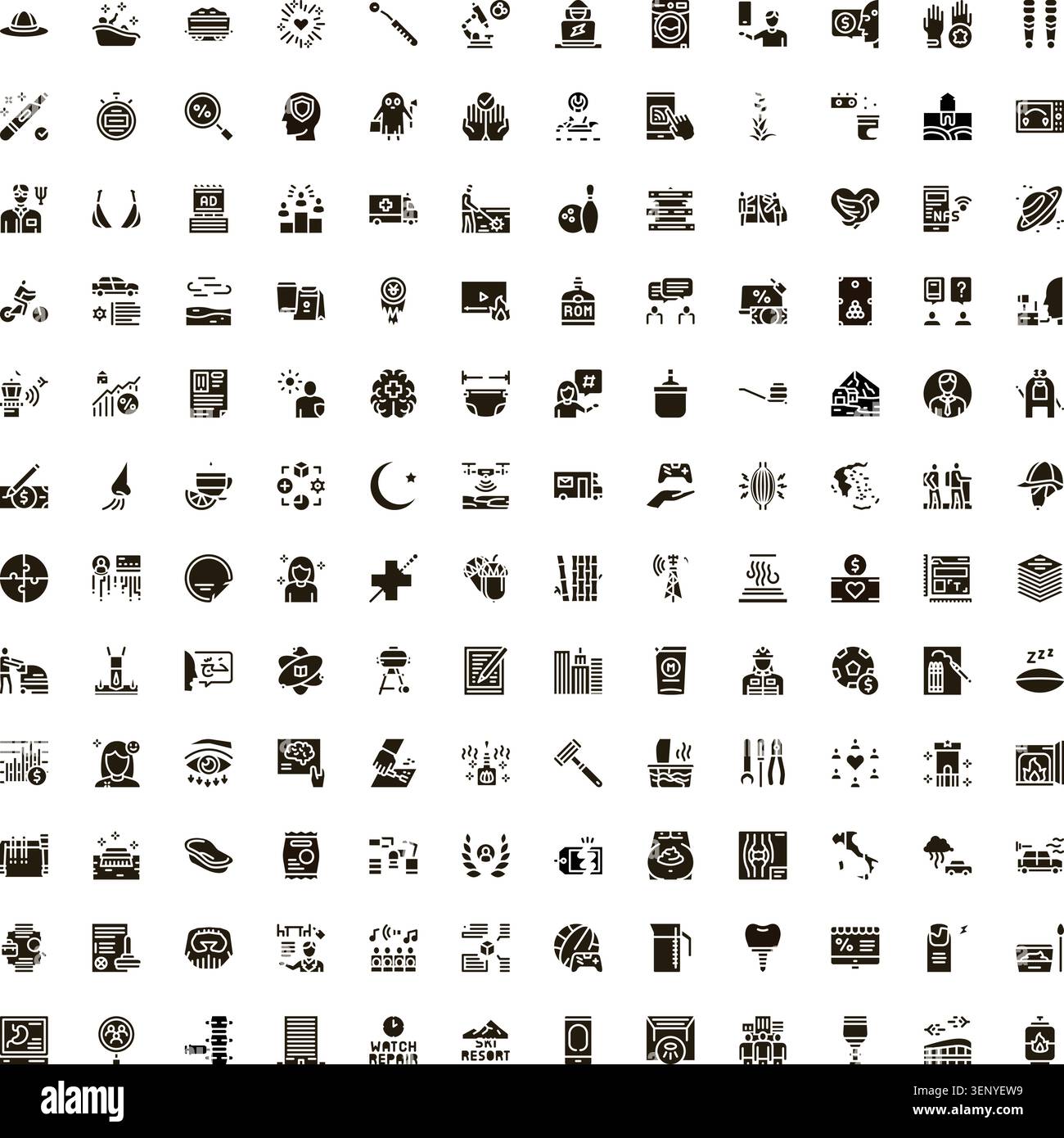 Various black glyph vector icons representing different concepts, objects, and activities for user interface design, applications, and infographics on Stock Vector
