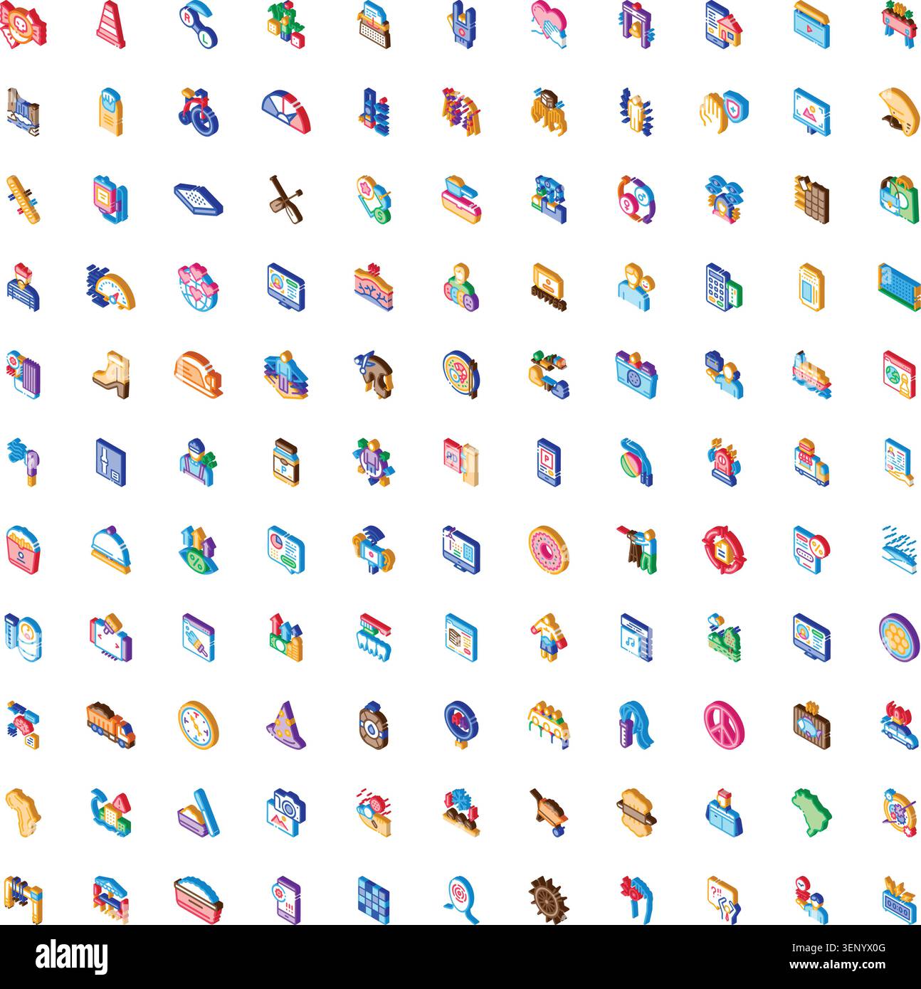 Isometric icon set displaying a large collection of colorful 3d pictograms, representing various digital and real world objects, abstract concepts, sy Stock Vector