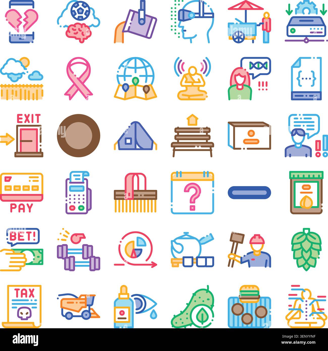 Icons illustrating various concepts including virtual reality, meditation, data processing, broken hearts, coding, and everyday objects, presented in Stock Vector