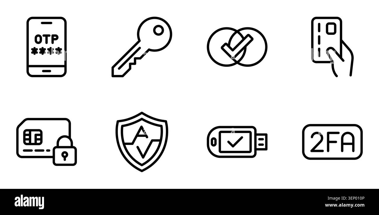 Cyber security and two factor authentication 2fa line icon set Stock Vector