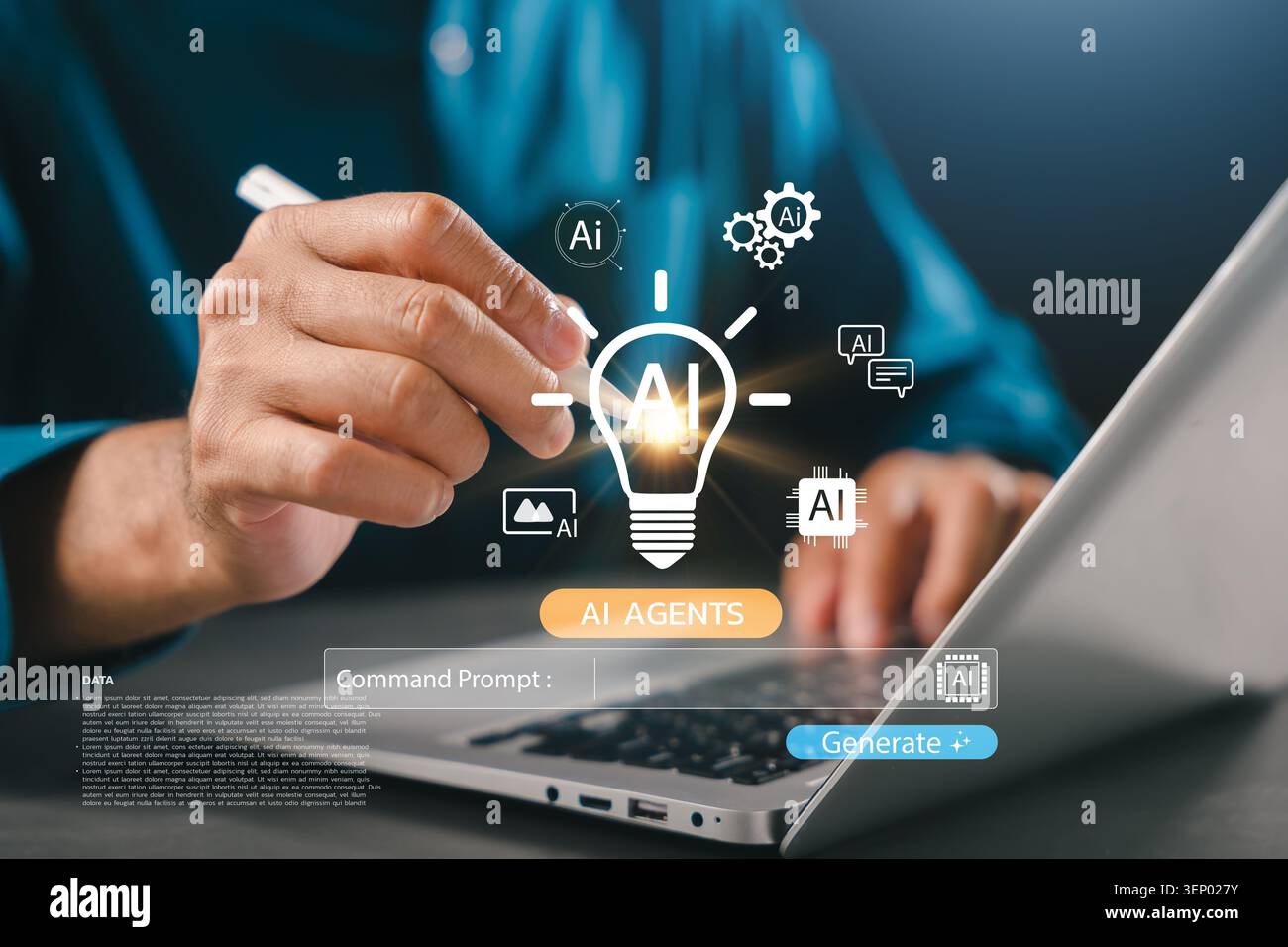 Idea creation using virtual generative ai lightbulb and command prompt, smart automation allows person to generate innovative content idea while worki Stock Photo