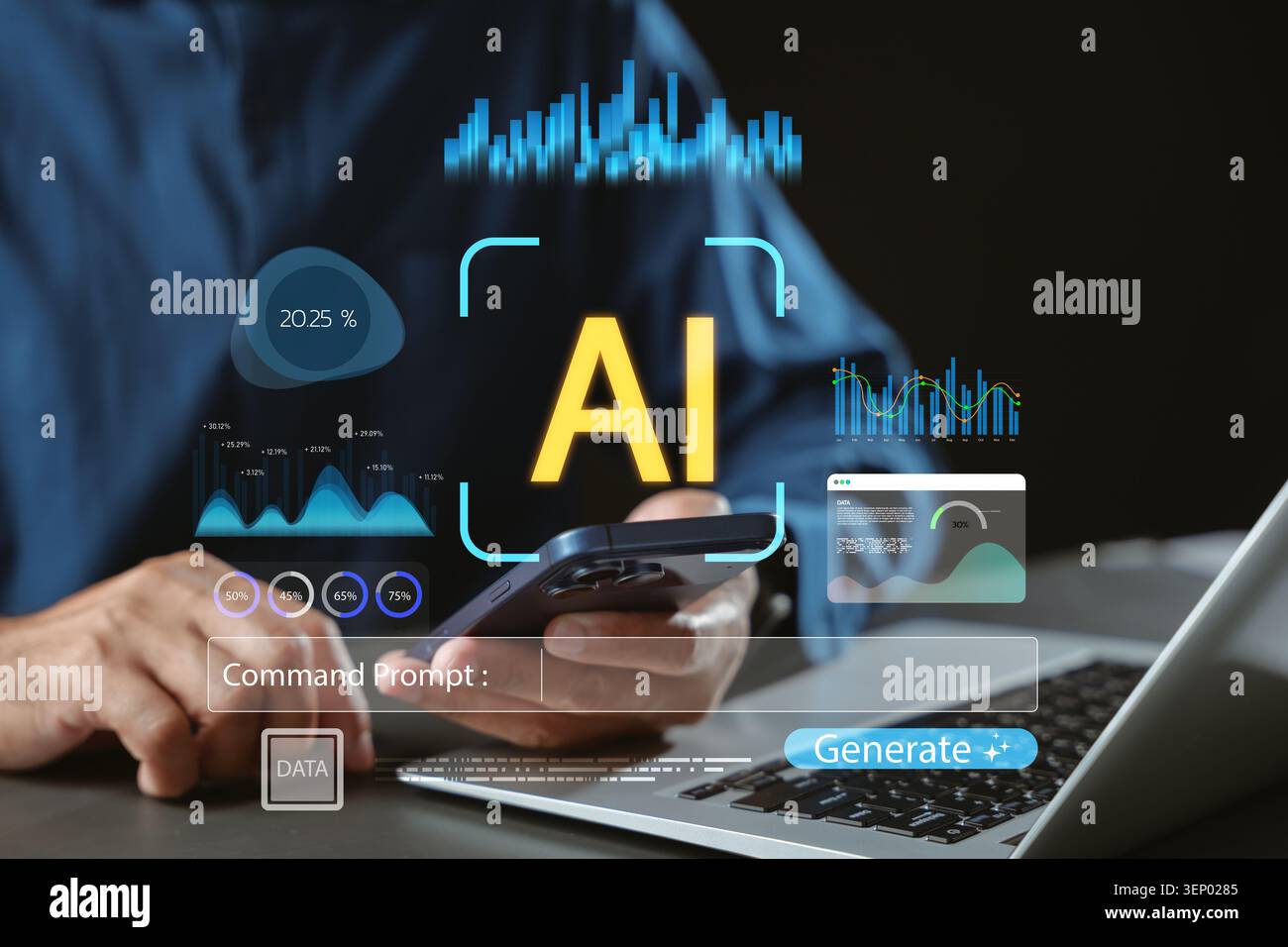 AI generative technology empowers professional using command prompt on mobile phone and laptop to generate text, complex data visualization, automatio Stock Photo